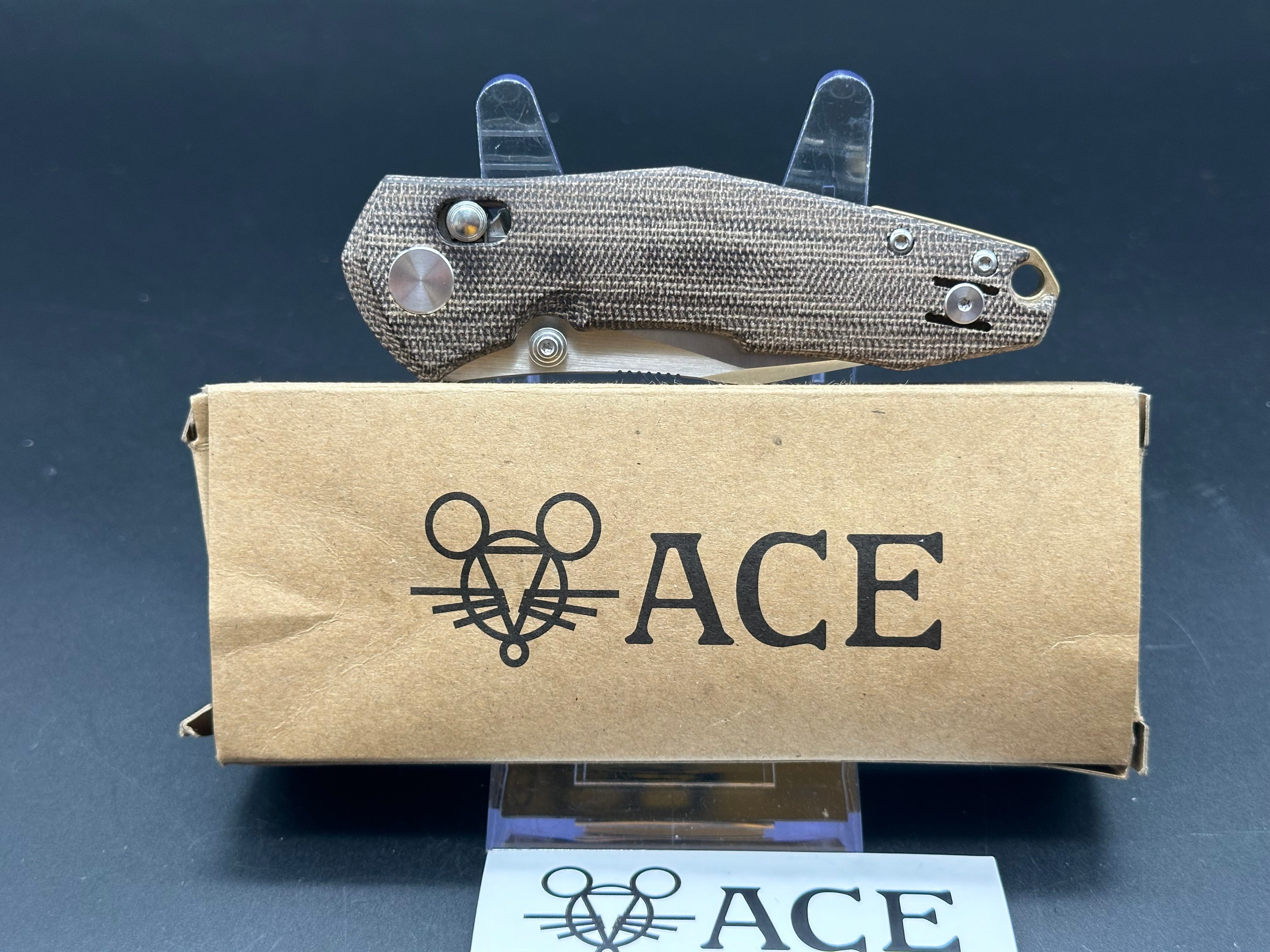 GIANT MOUSE KNIVES ACE NAZCA FOLDING KNIFE GREEN CANVAS MICARTA HANDLE M390 PLAIN EDGE SATIN FINISH