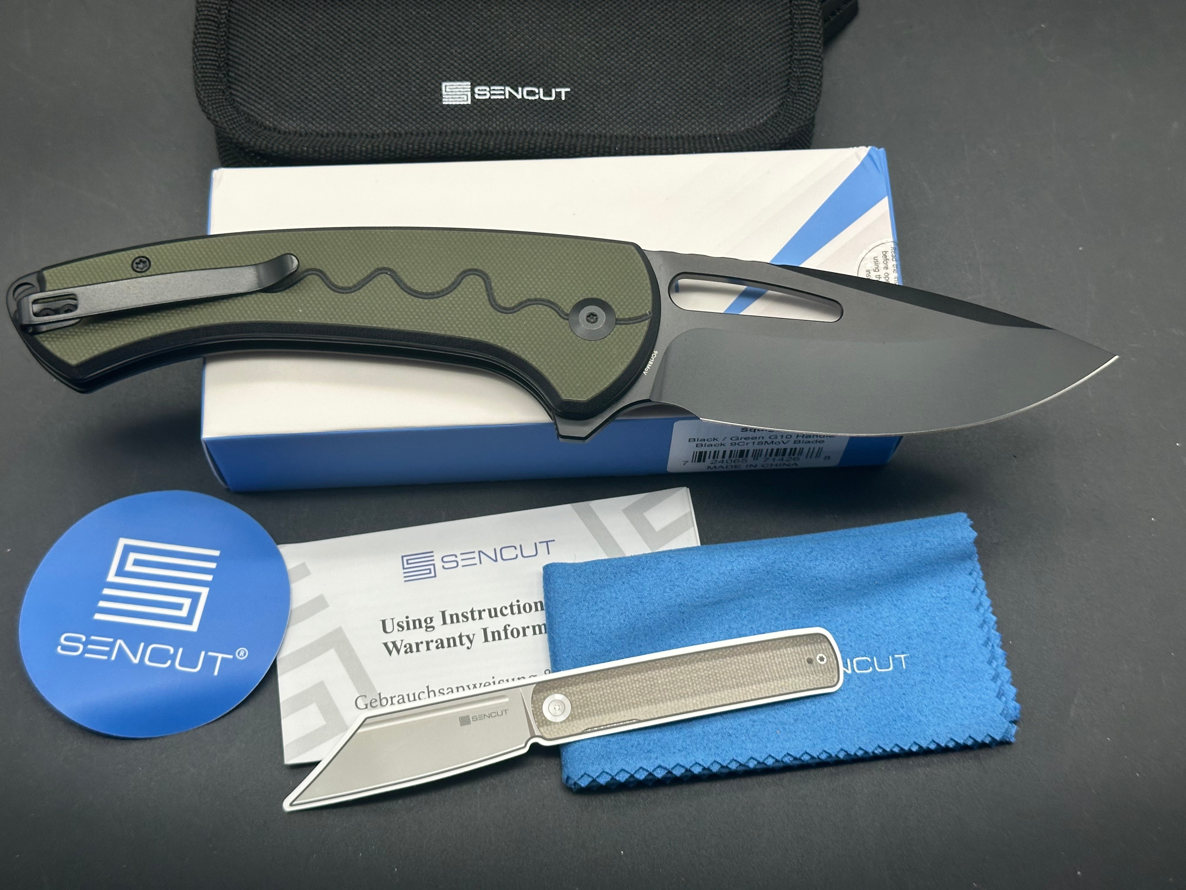 SENCUT SQUIGGY BLACK/GREEN G10 HANDLE 9CR18MOV BLACK BLADE