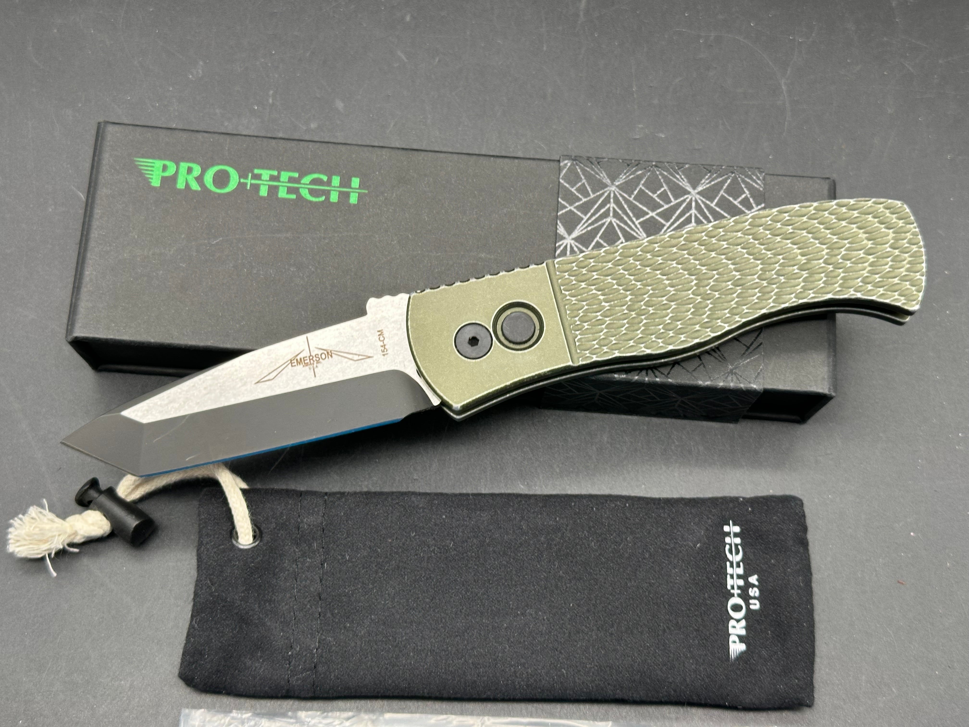 ProTech Emerson Auto CQC-7 Green battle worn textured handle with two tone black/satin blade