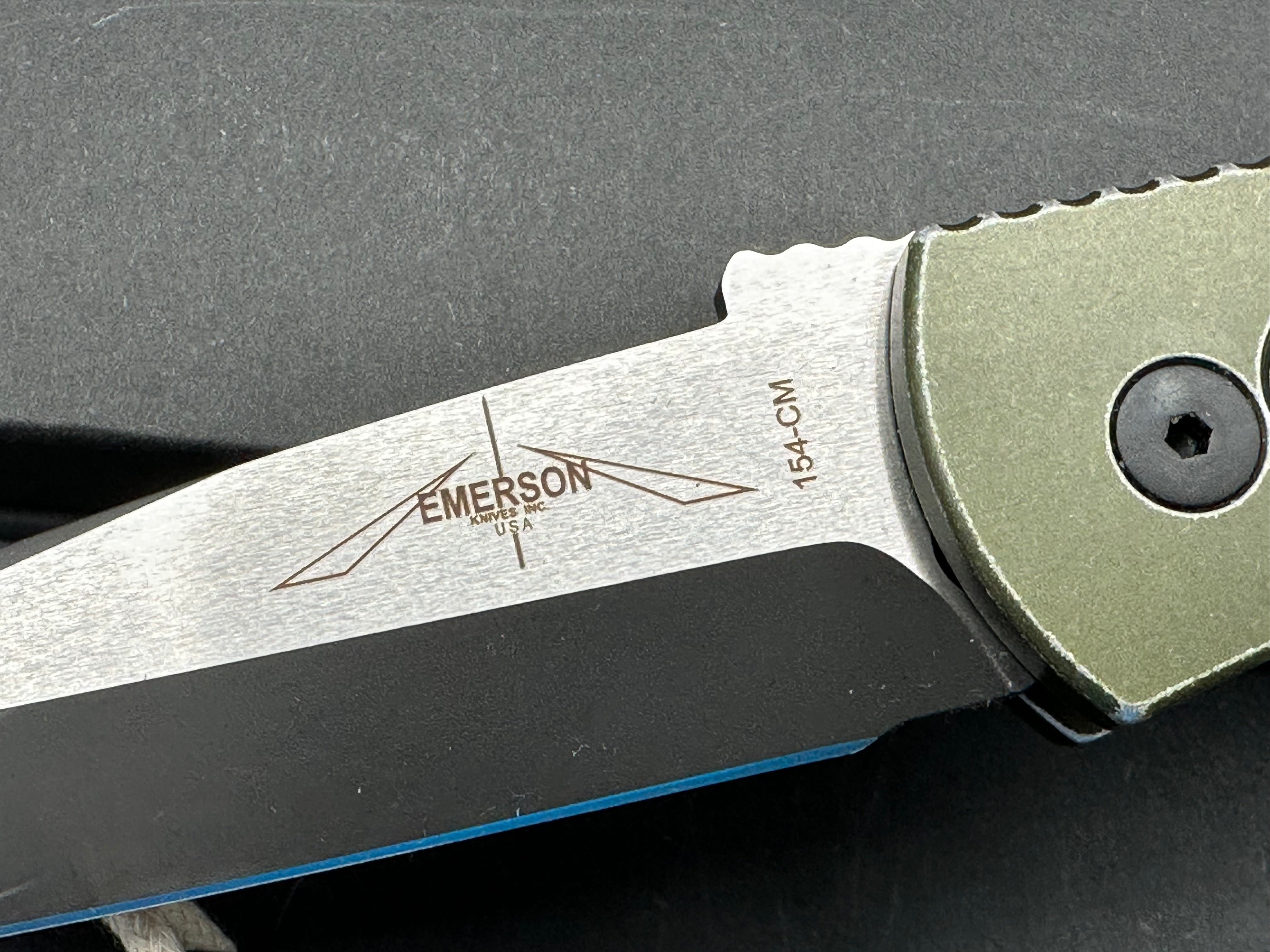 ProTech Emerson Auto CQC-7 Green battle worn textured handle with two tone black/satin blade