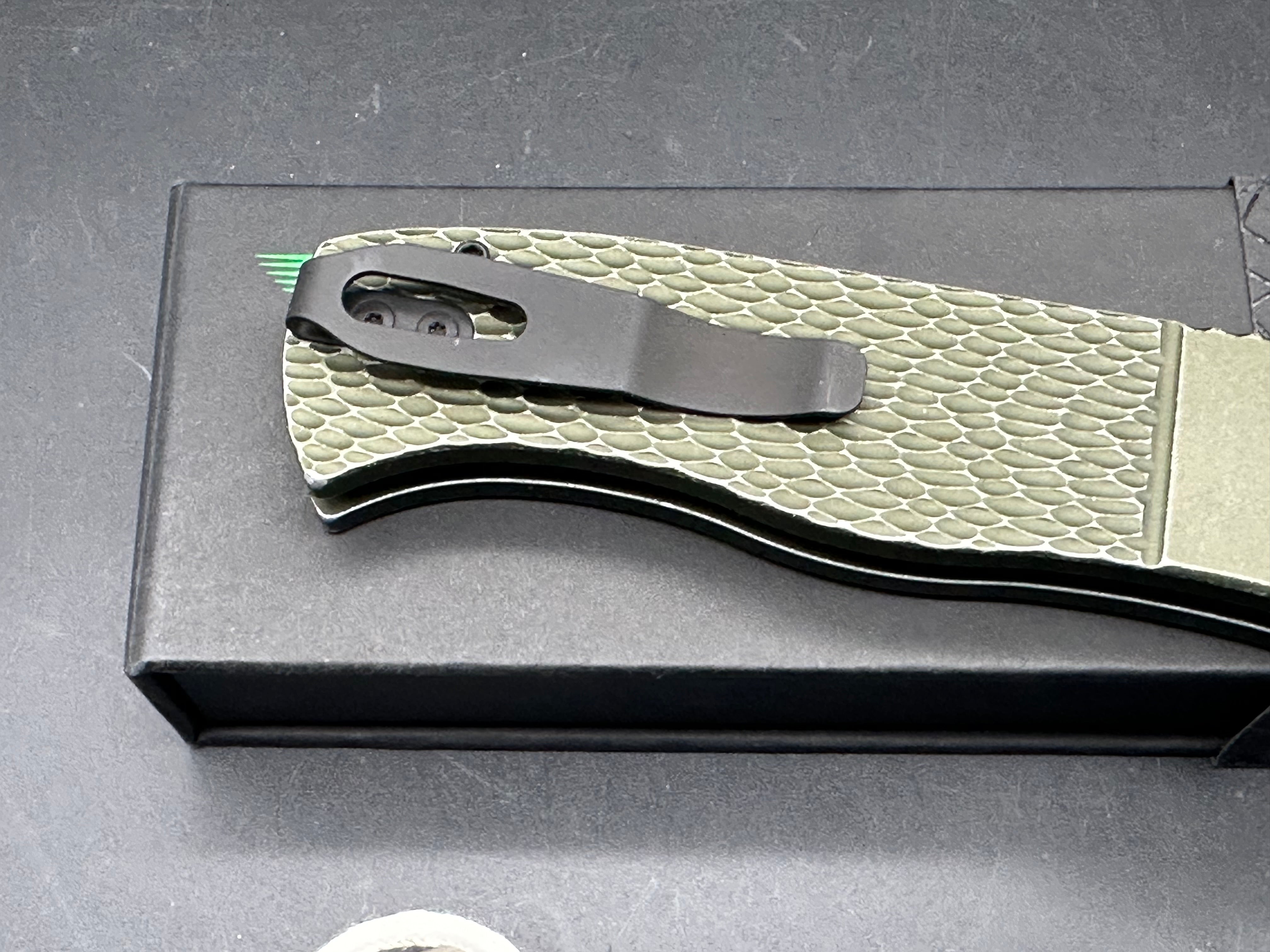 ProTech Emerson Auto CQC-7 Green battle worn textured handle with two tone black/satin blade