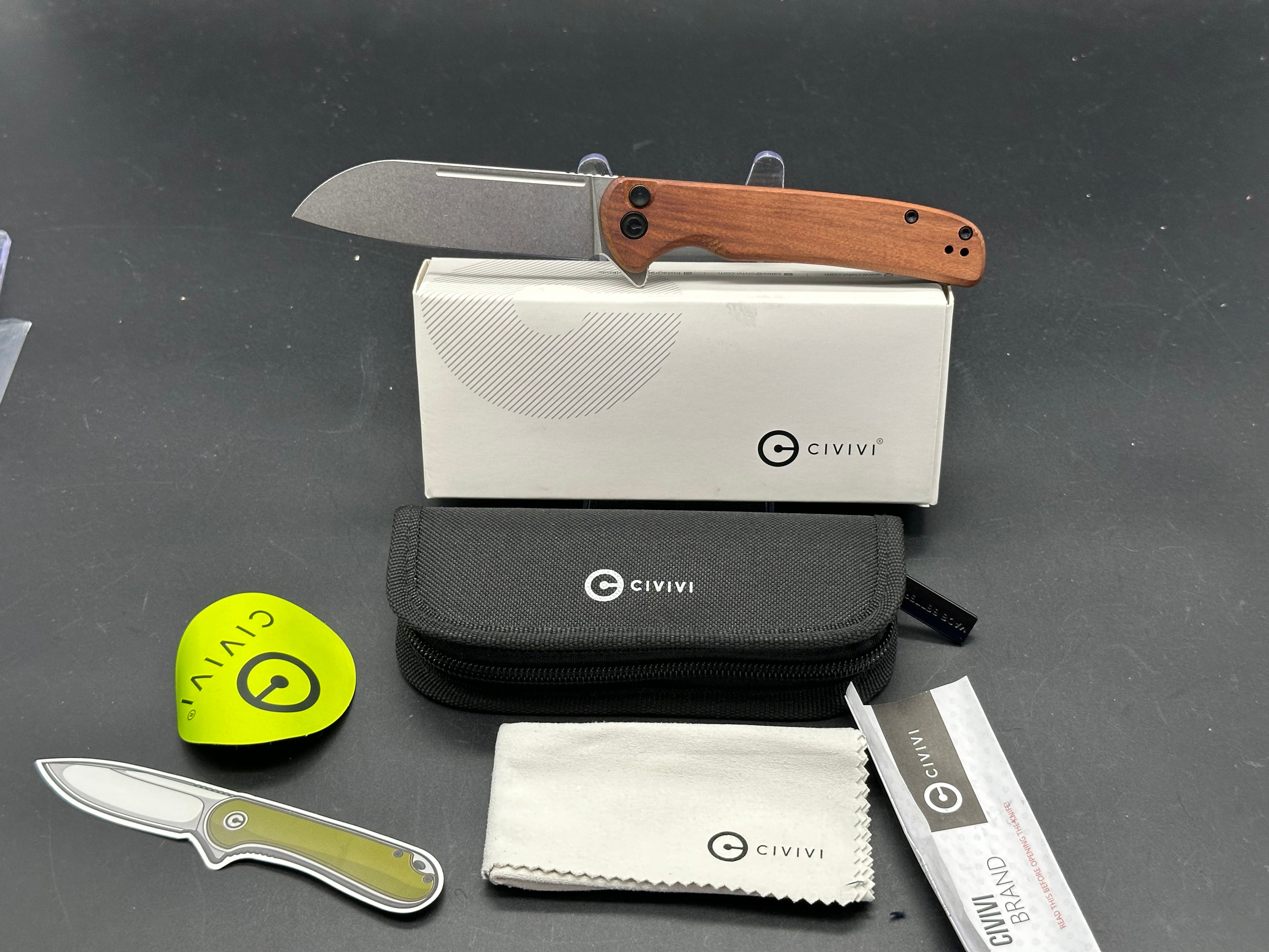 CIVIVI CHEVALIER FOLDING KNIFE CUIBOURTIA WOOD HANDLE 14C28N PLAIN EDGE STONEWASH