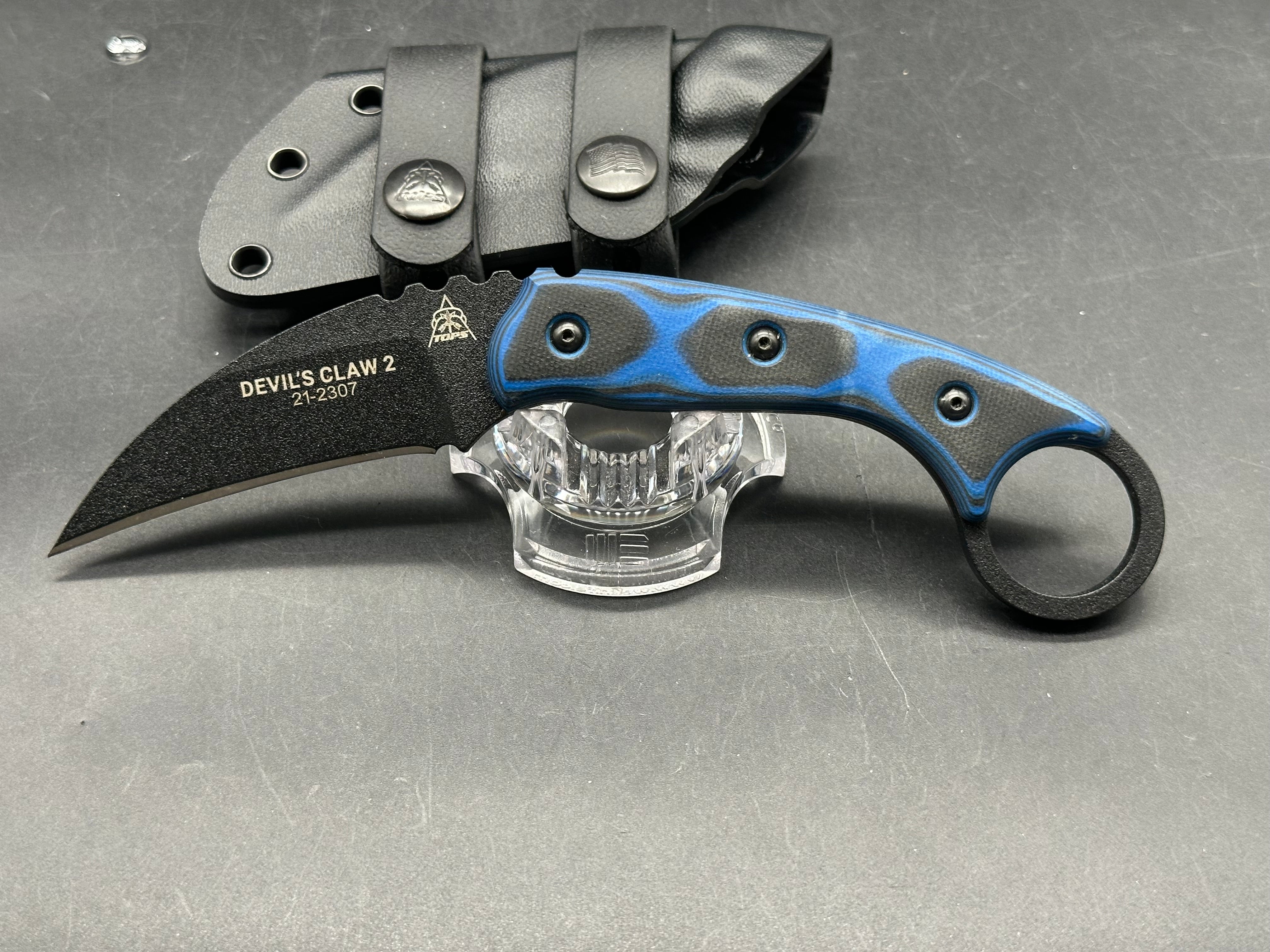 Tops Knives Devil's Claw 2-Blue/Black G-10 Handle (3.13") 1095 High Carbon Steel Blade, Black Traction Coating