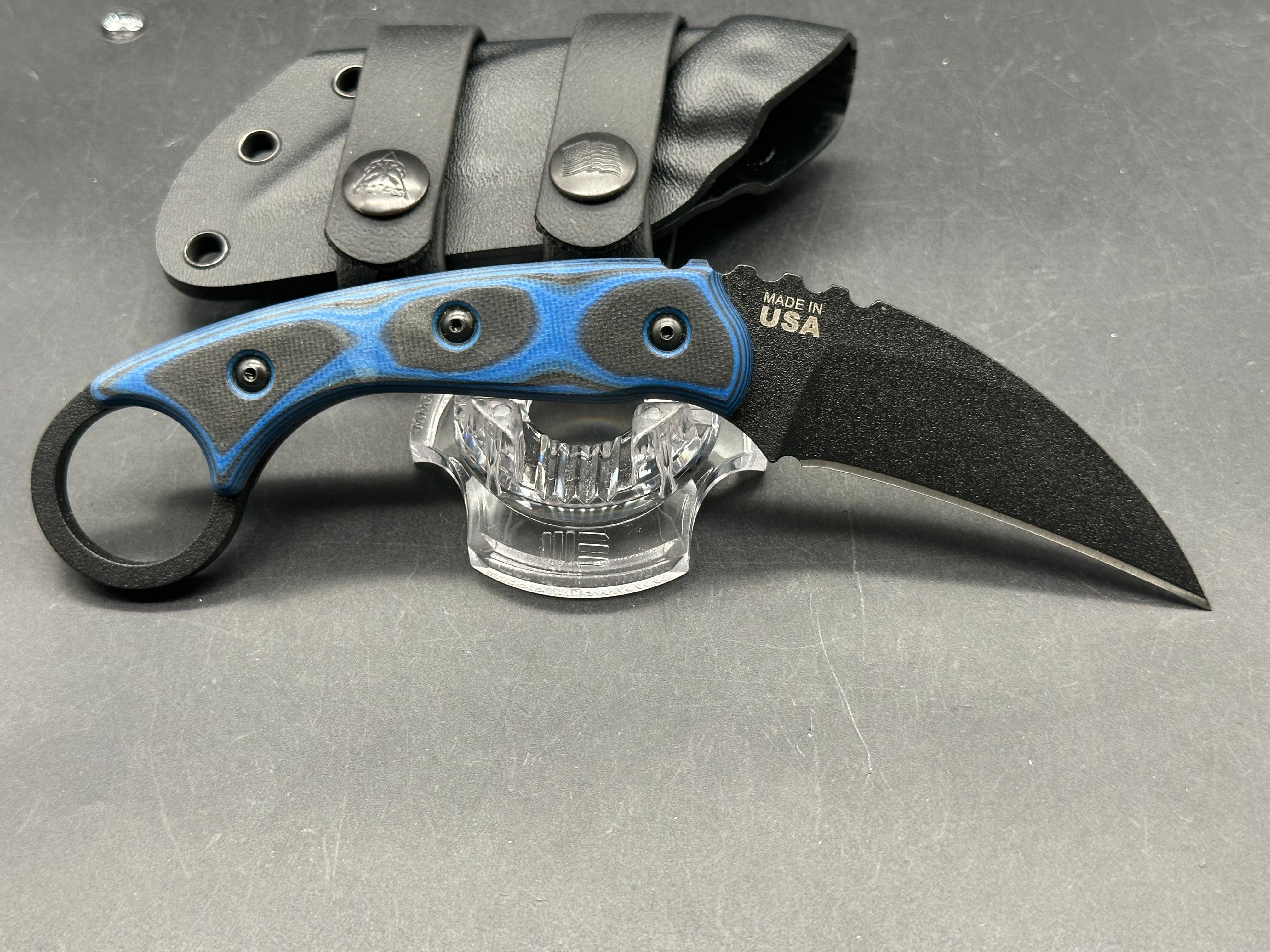 Tops Knives Devil's Claw 2-Blue/Black G-10 Handle (3.13") 1095 High Carbon Steel Blade, Black Traction Coating
