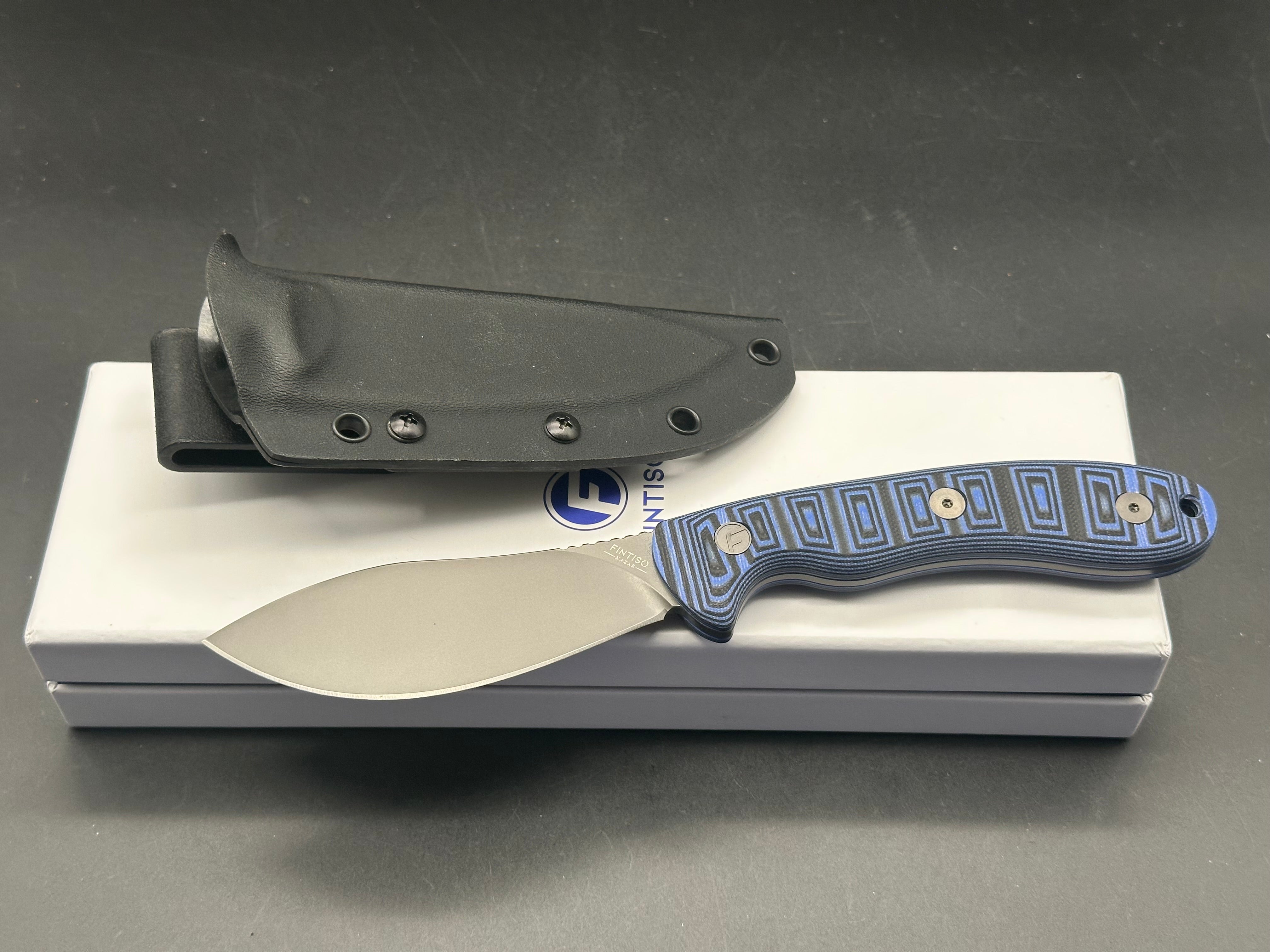 FINTISO NAZAR Black Blue 4.24" Nessmuk-style Fixed Blade Knife with Kydex Sheath | 14C28N | G10 |