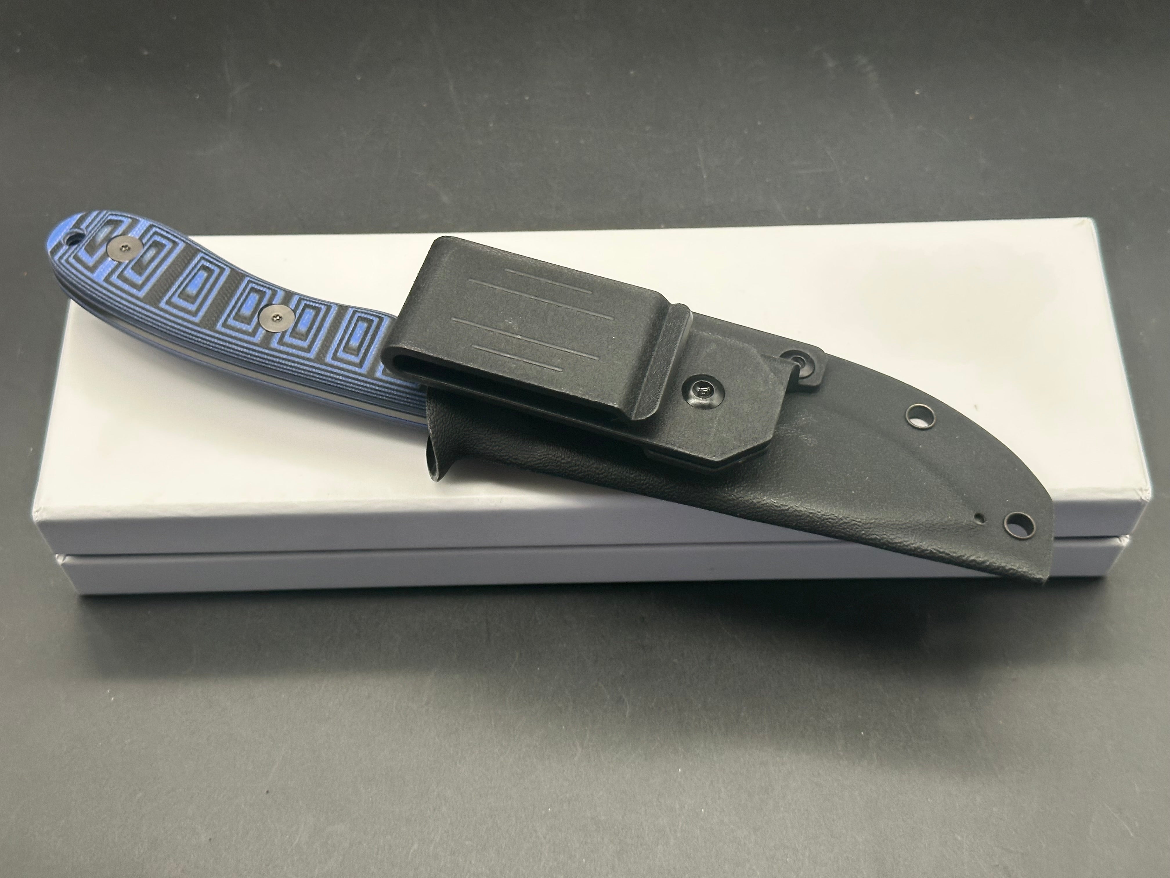 FINTISO NAZAR Black Blue 4.24" Nessmuk-style Fixed Blade Knife with Kydex Sheath | 14C28N | G10 |