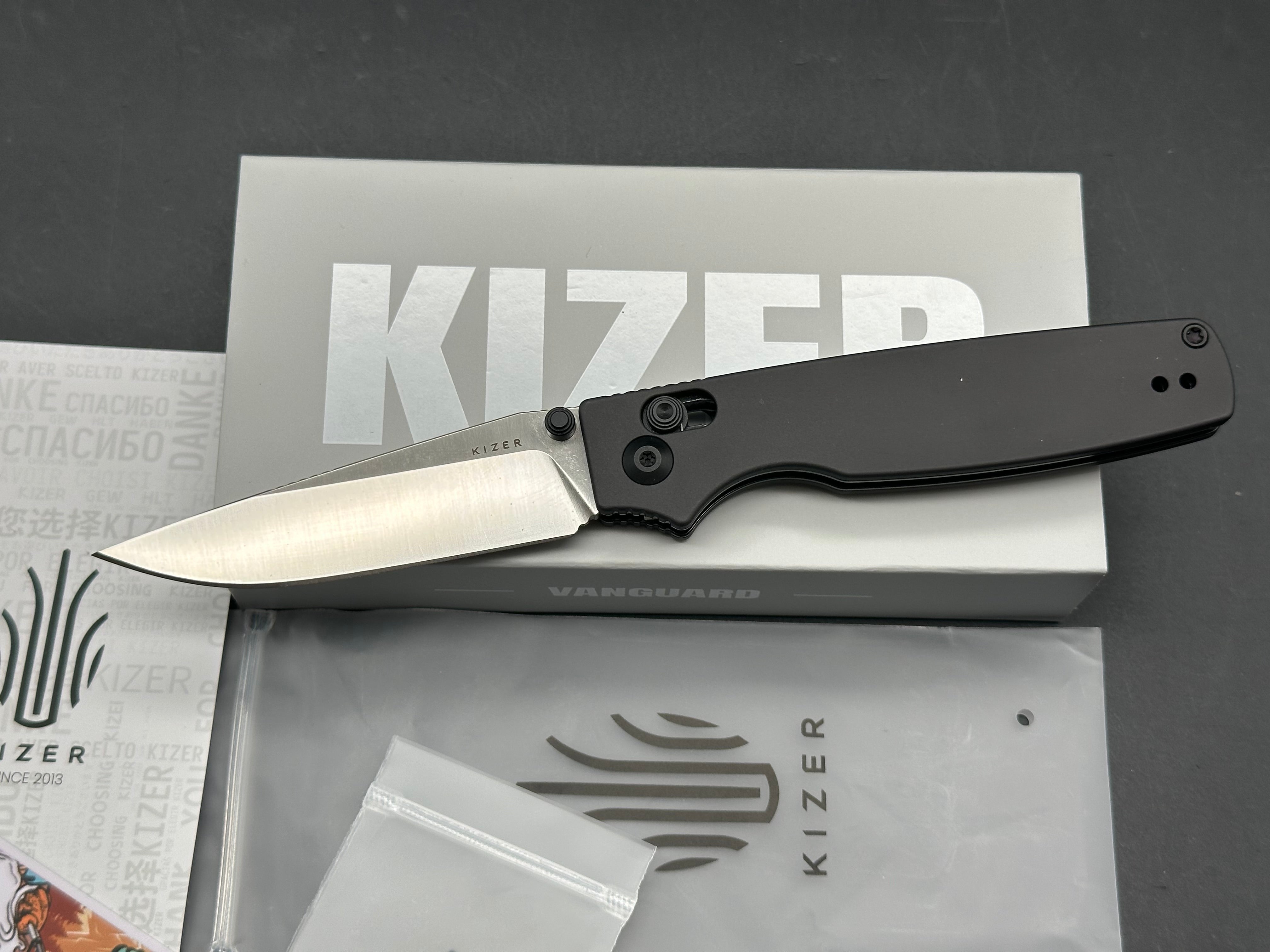 KIZER ORIGINAL 2 GRAY ALUMINUM HANDLE 14C28N MODIFIED DROP POINT PLAIN EDGE SATIN
