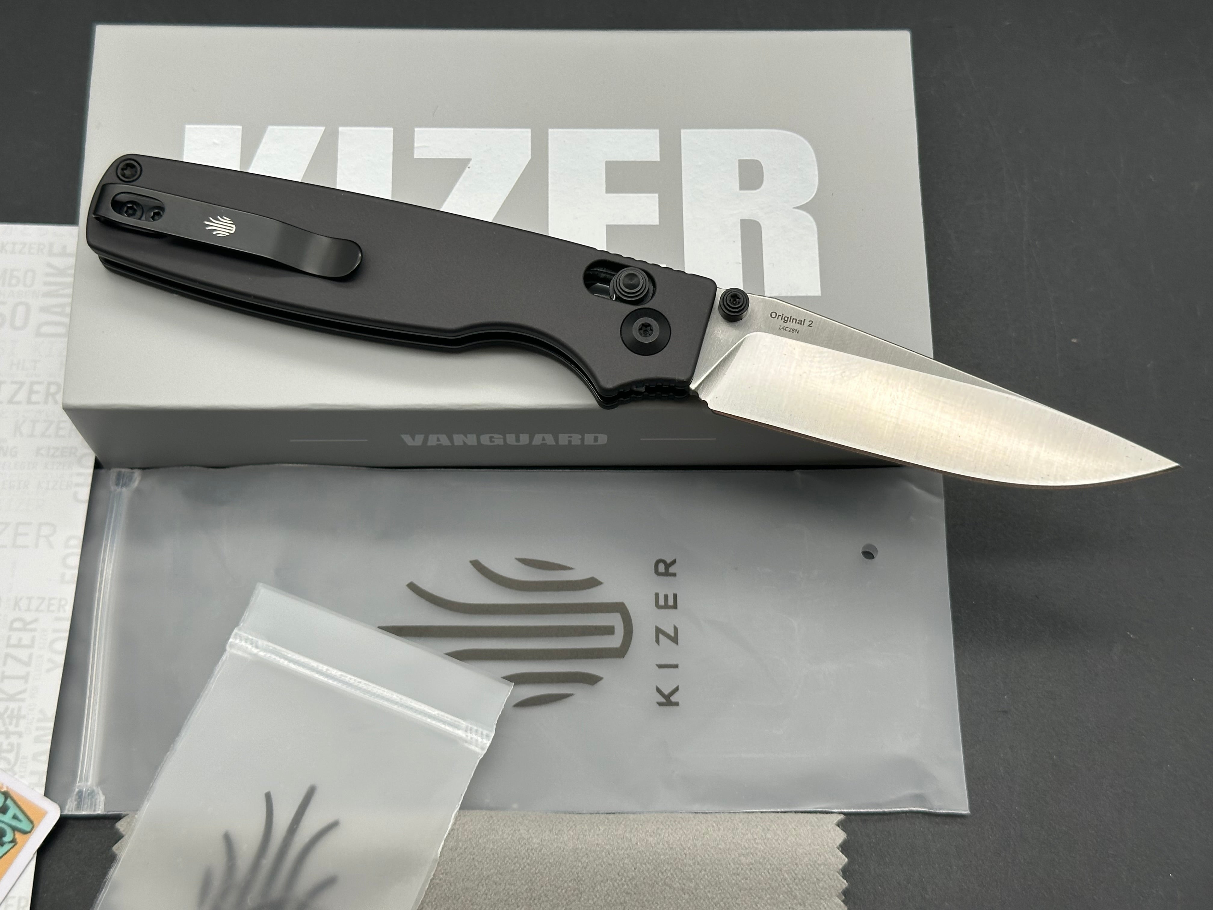 KIZER ORIGINAL 2 GRAY ALUMINUM HANDLE 14C28N MODIFIED DROP POINT PLAIN EDGE SATIN
