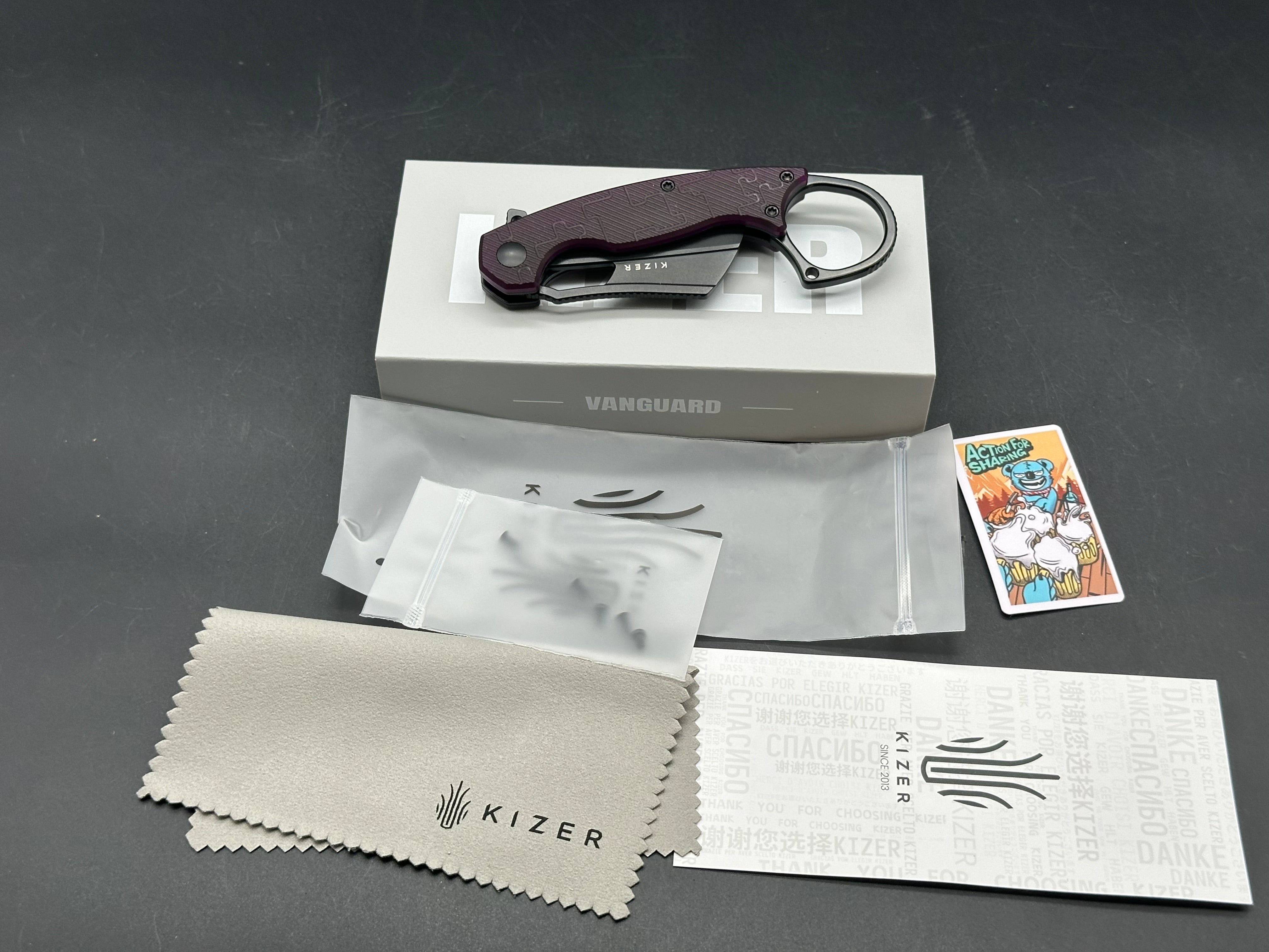 KIZER DODO DEEP PURPLE PC HANDLE NITRO-V MODIFY KARAMBIT PLAIN BLACK BLADE