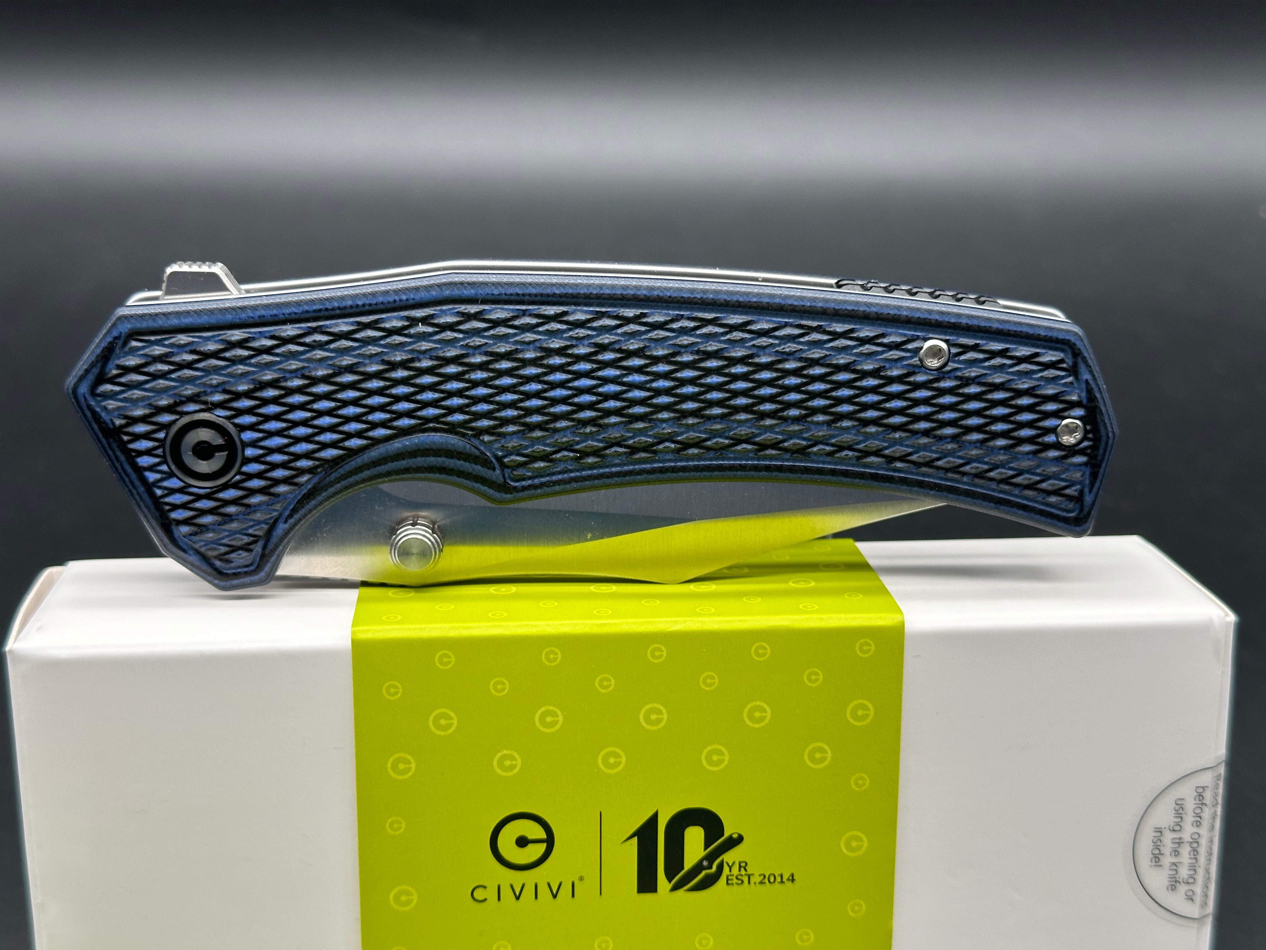 CIVIVI VEXILLUM FOLDING KNIFE BLUE/BLACK LAYERED G10 HANDLE NITRO-V CLIP POINT PLAIN EDGE