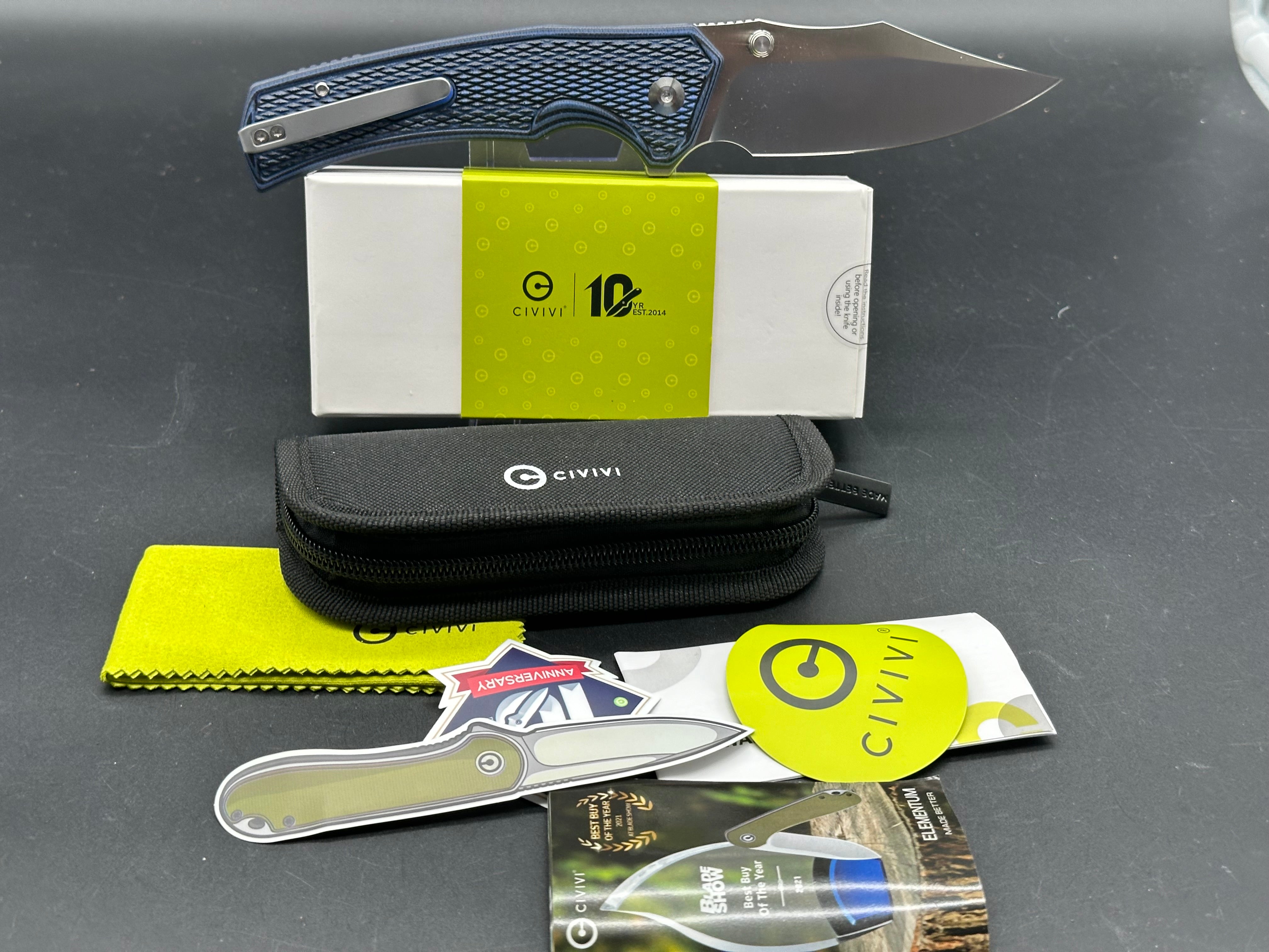 CIVIVI VEXILLUM FOLDING KNIFE BLUE/BLACK LAYERED G10 HANDLE NITRO-V CLIP POINT PLAIN EDGE