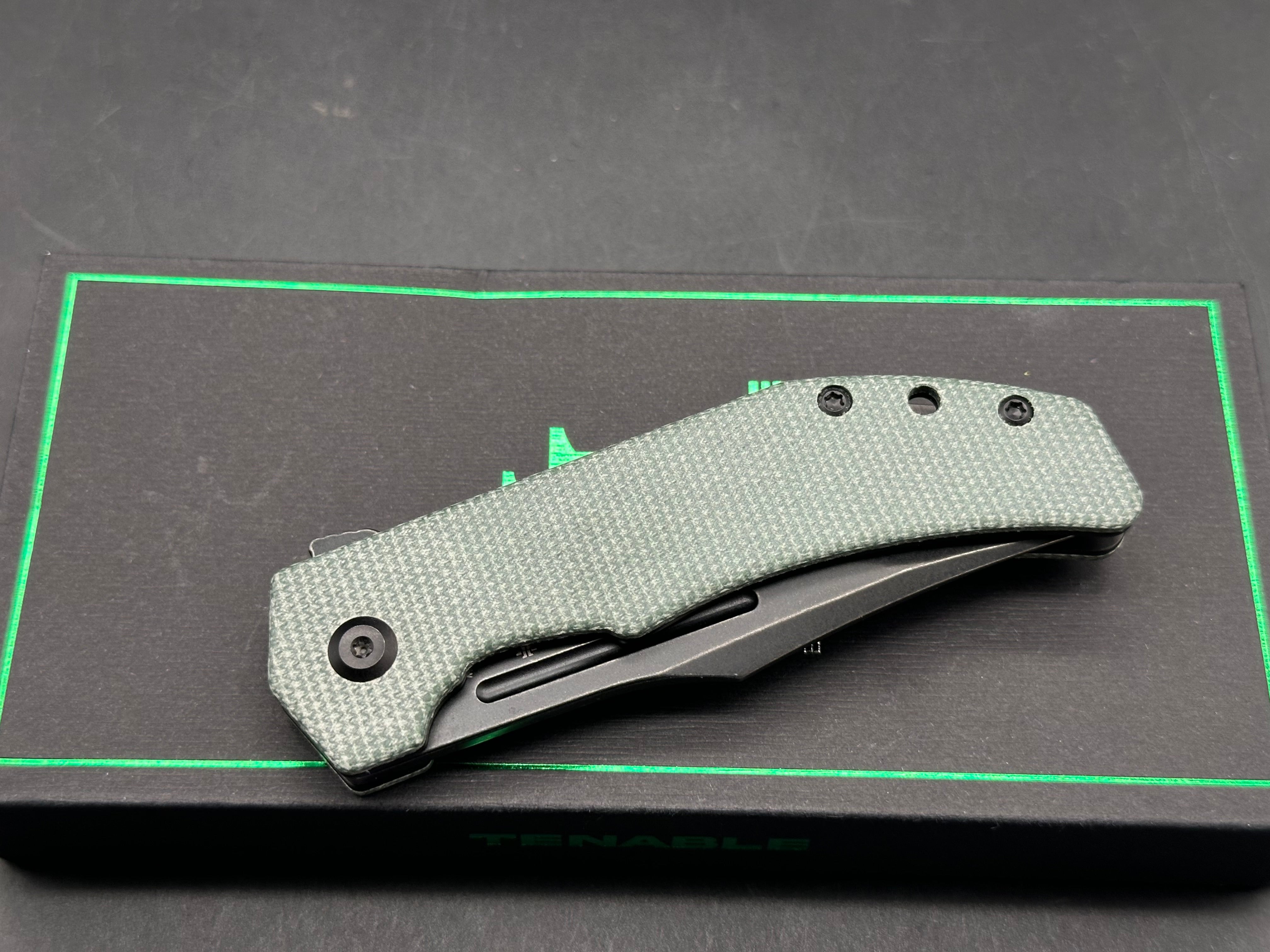 TENABLE ORION GREEN MICARTA HANDLE 14C28N CLIP POINT PLAIN EDGE BLACKWASH FINISH