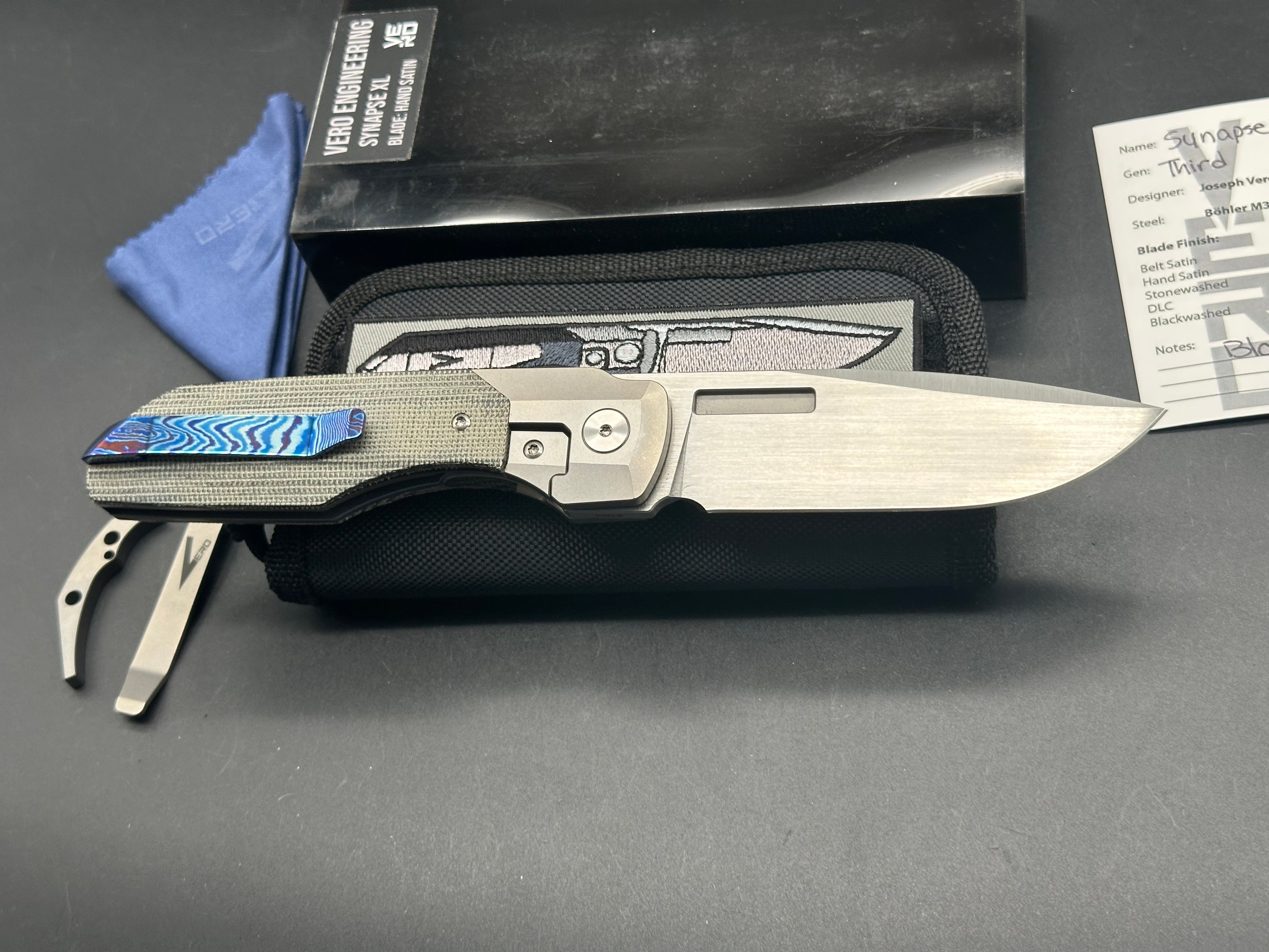 Vero Engineering #1166 Synapse XL Micarta/titanium timascus clip and spacer