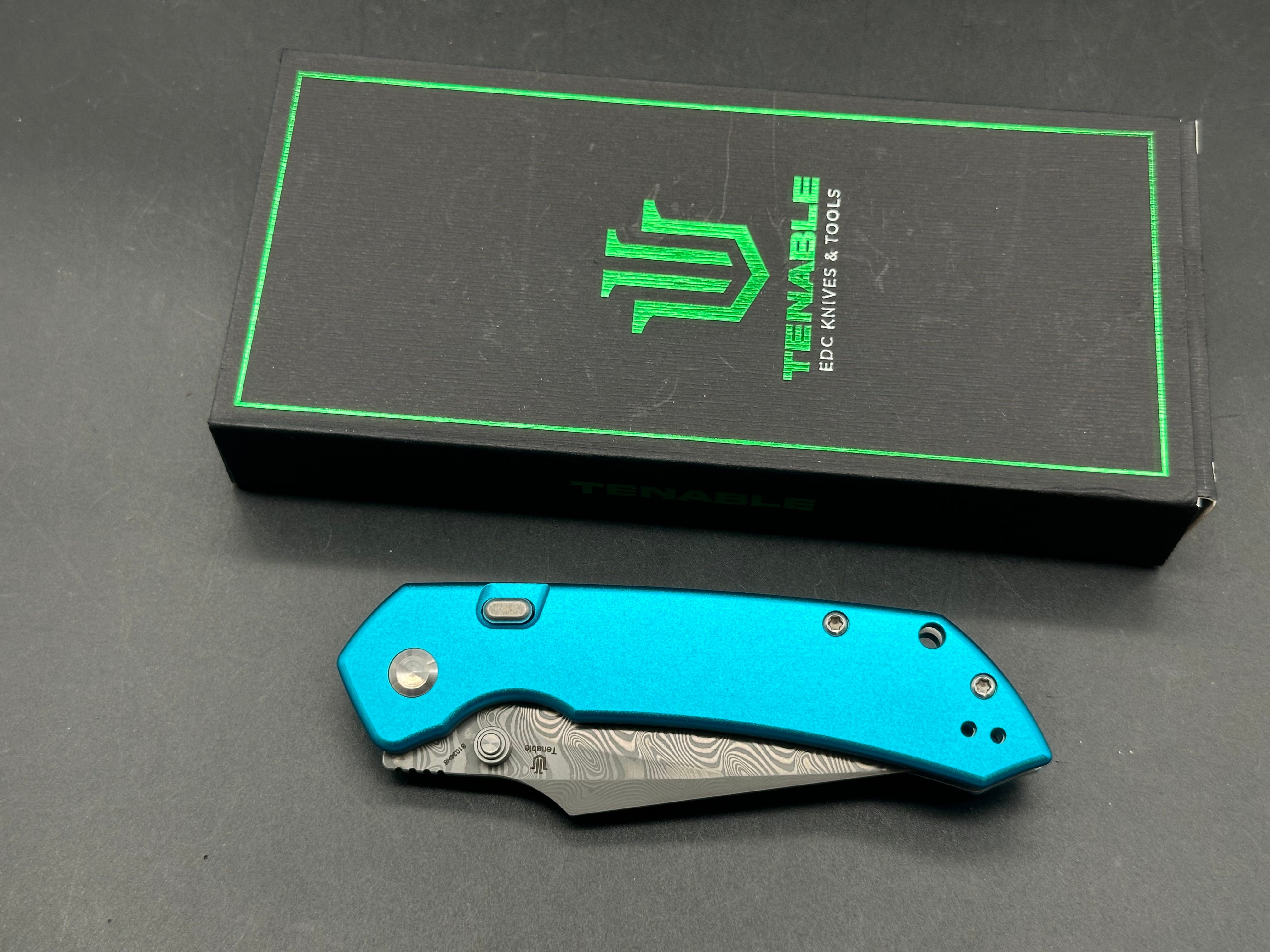 TENABLE FENRIR TOP LINER LOCK BLUE ALUMINUM HANDLE DAMASCUS BLADE