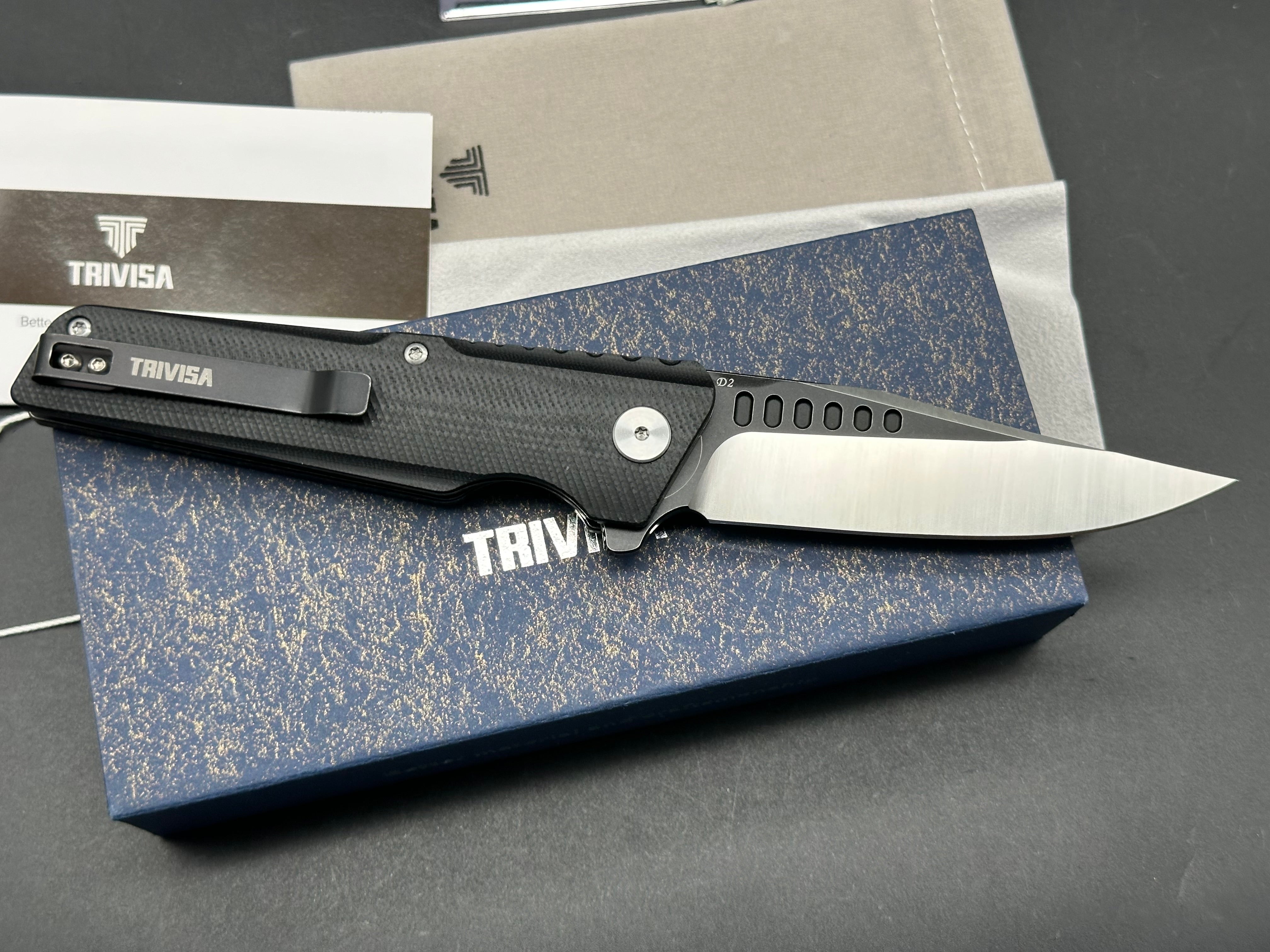 TRIVISA ORION-03B FOLDING KNIFE BLACK G10 HANDLE D2 DROP POINT PLAIN EDGE SATIN/BLACK FINISH