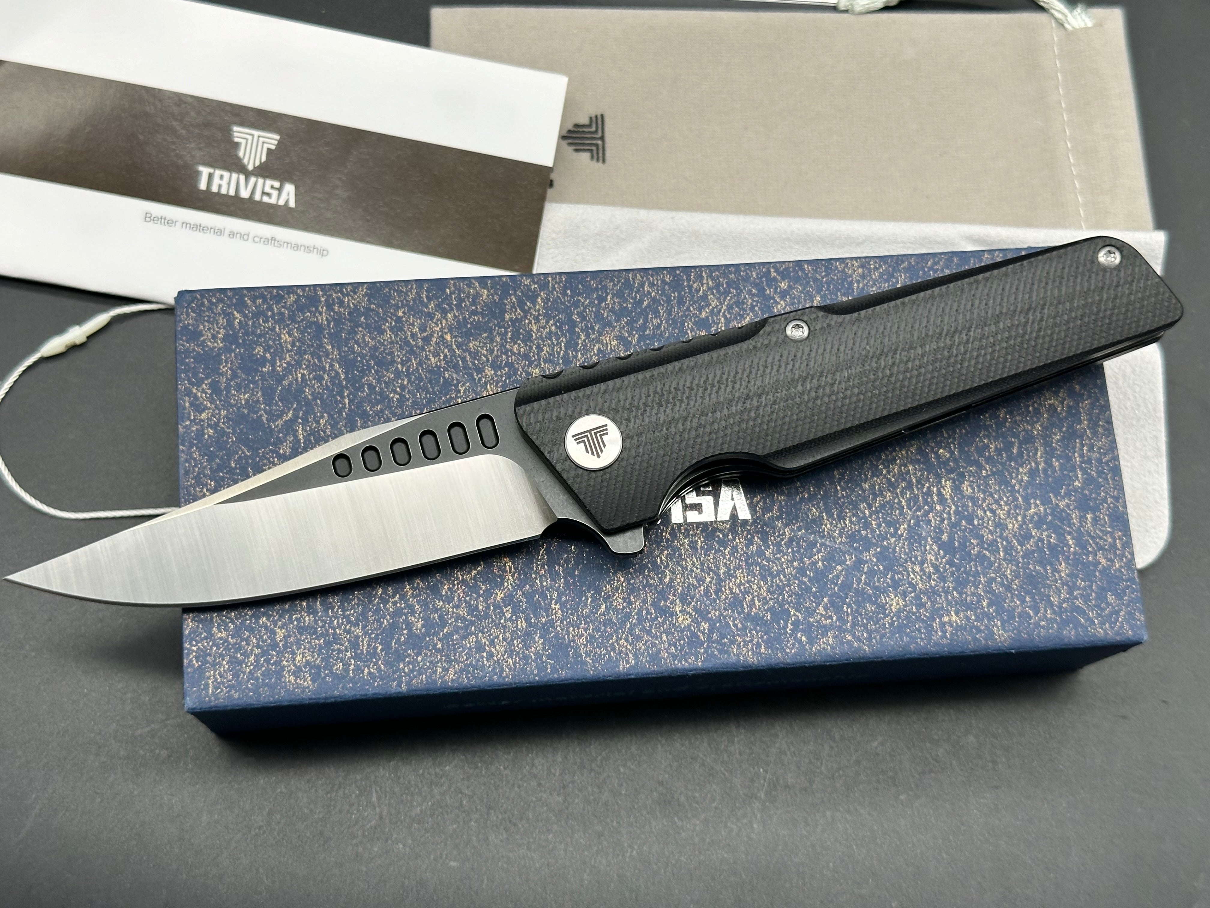 TRIVISA ORION-03B FOLDING KNIFE BLACK G10 HANDLE D2 DROP POINT PLAIN EDGE SATIN/BLACK FINISH