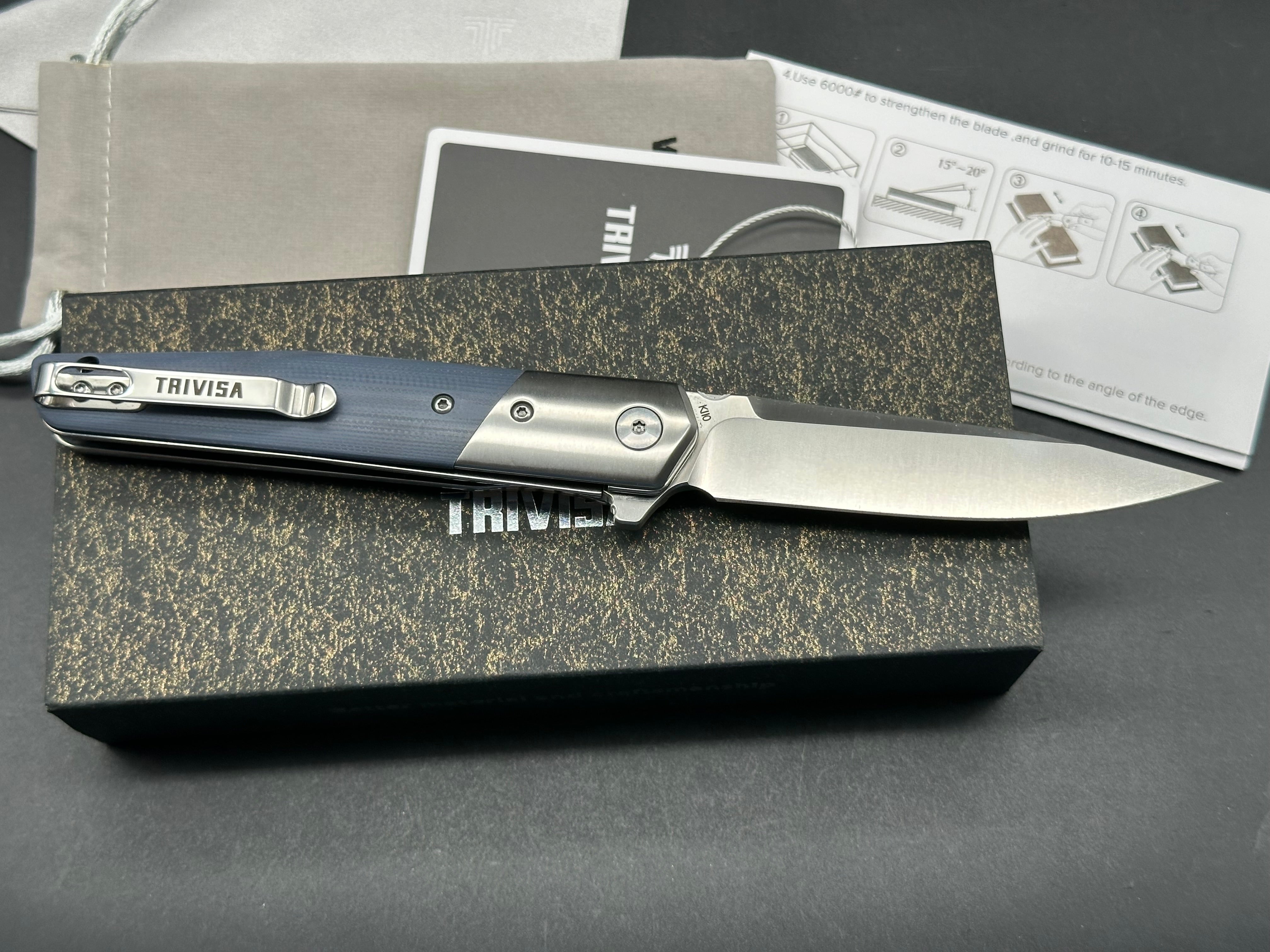 TRIVISA LEOMINOR-03G FOLDING KNIFE BLUE G10 HANDLE K110 PLAIN EDGE SATIN FINISH