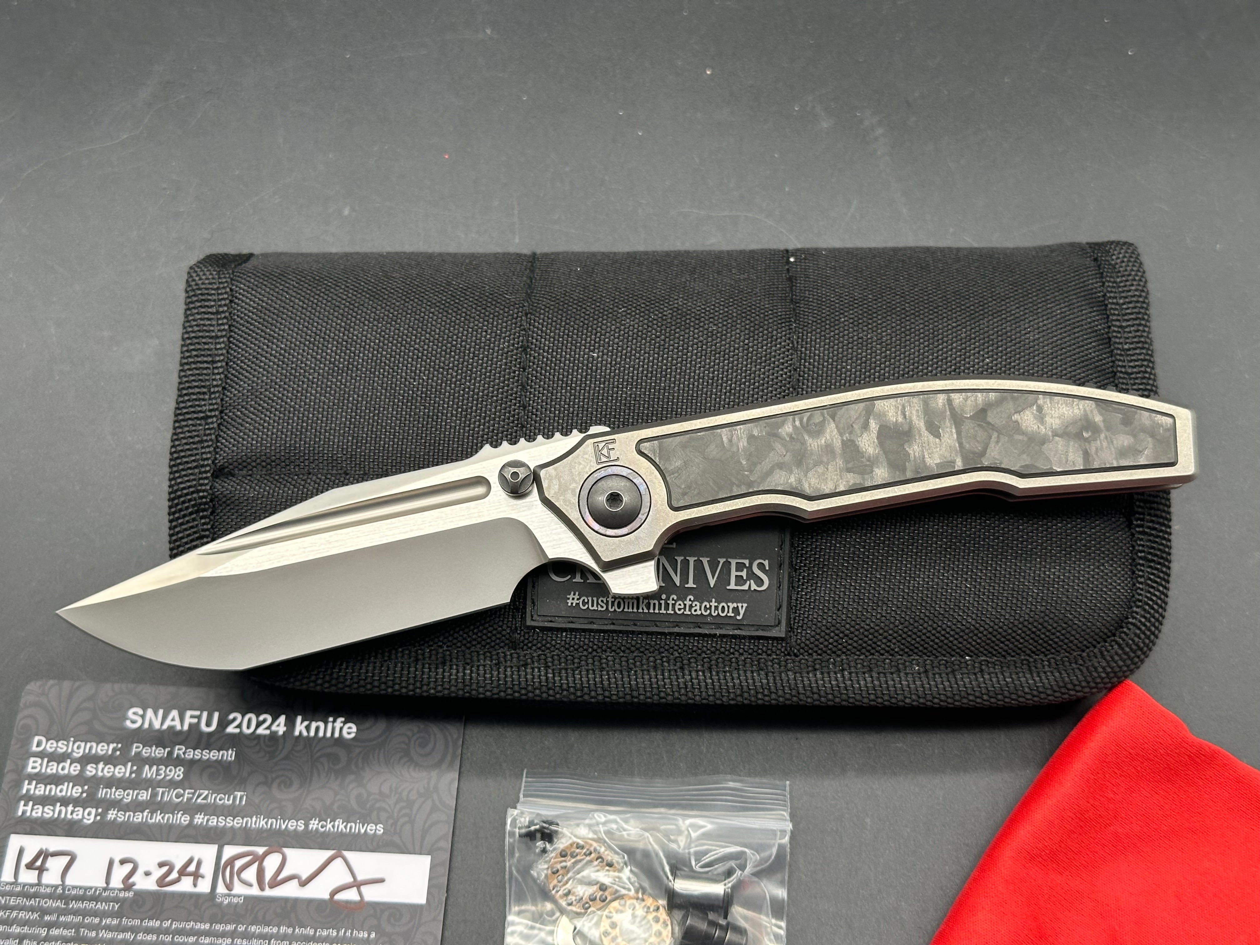 CKF Snafu 4.0 Medium #147, Blasted Hollow Ground M398 Blade with Satin Flats,Integral Titanium Handles with Carbon Fiber Inlays