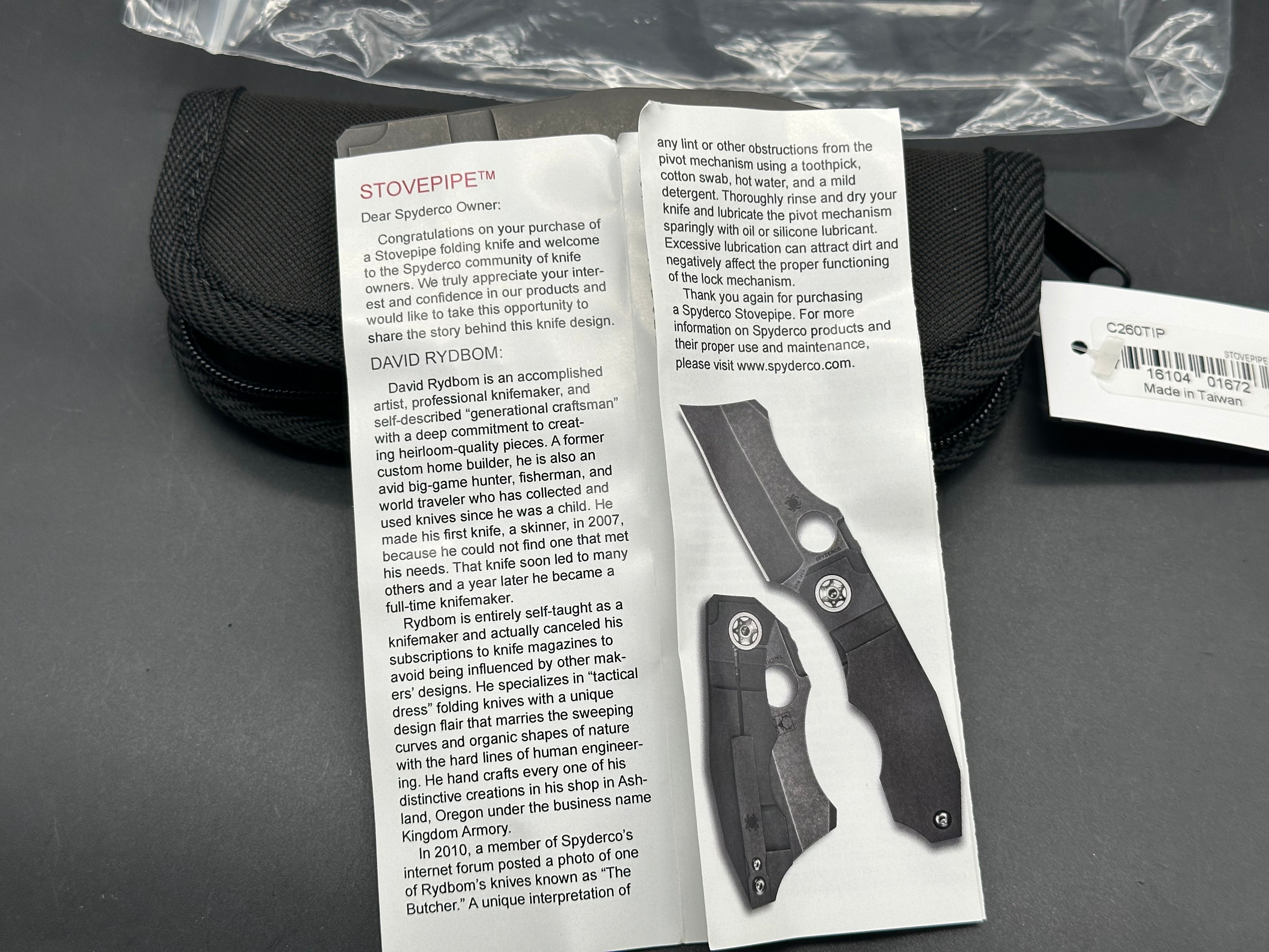 Spyderco Stovepipe (C260TIP), Dark Stonewashed Hollow Ground CPM-20CV CLeaver Blade, Dark Stonewashed Titanium Handles