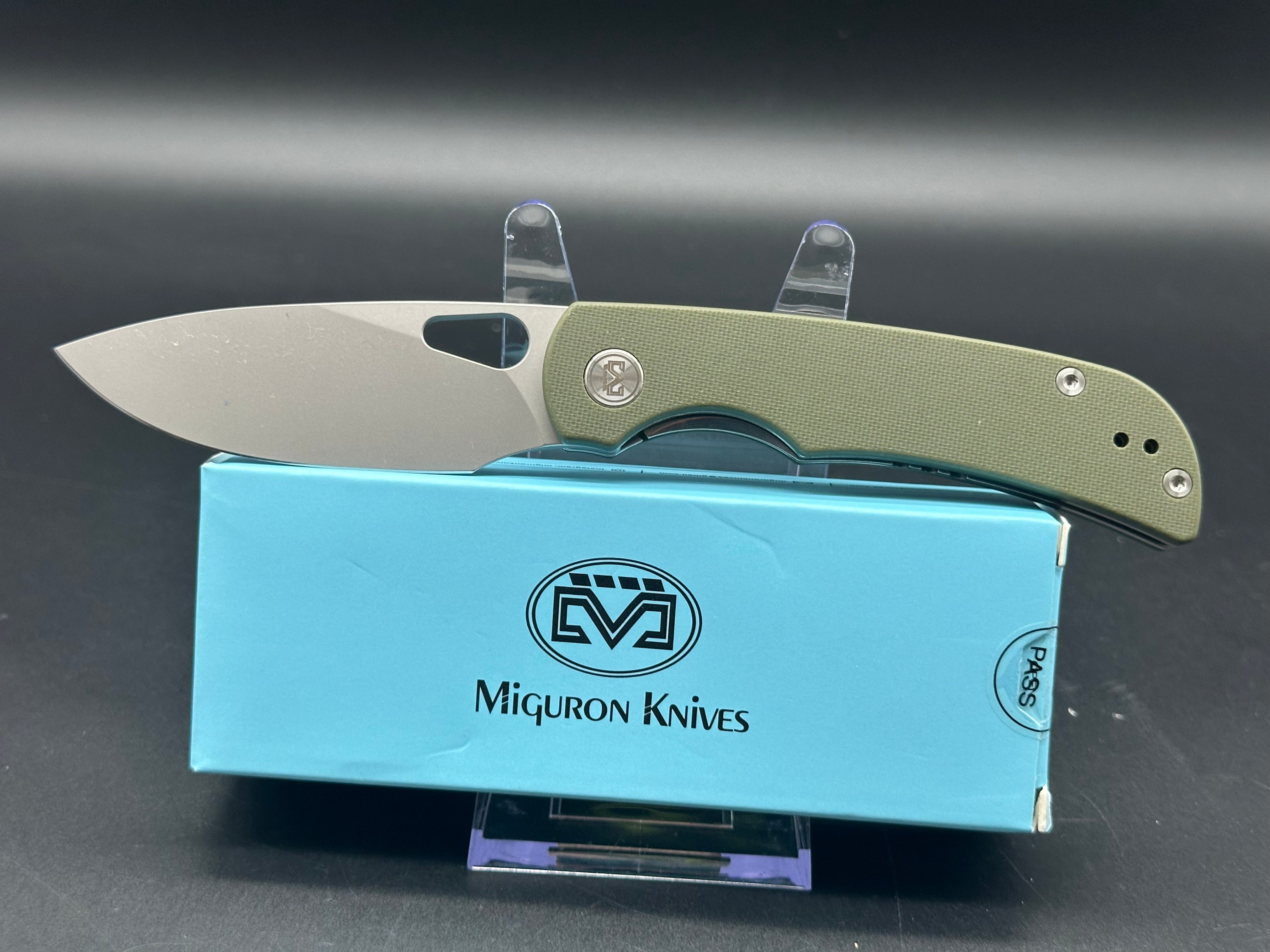 MIGURON MOYARL FOLDING KNIFE OD GREEN G10 HANDLE 14C28N DROP POINT PLAIN SANDBLSTED BLADE