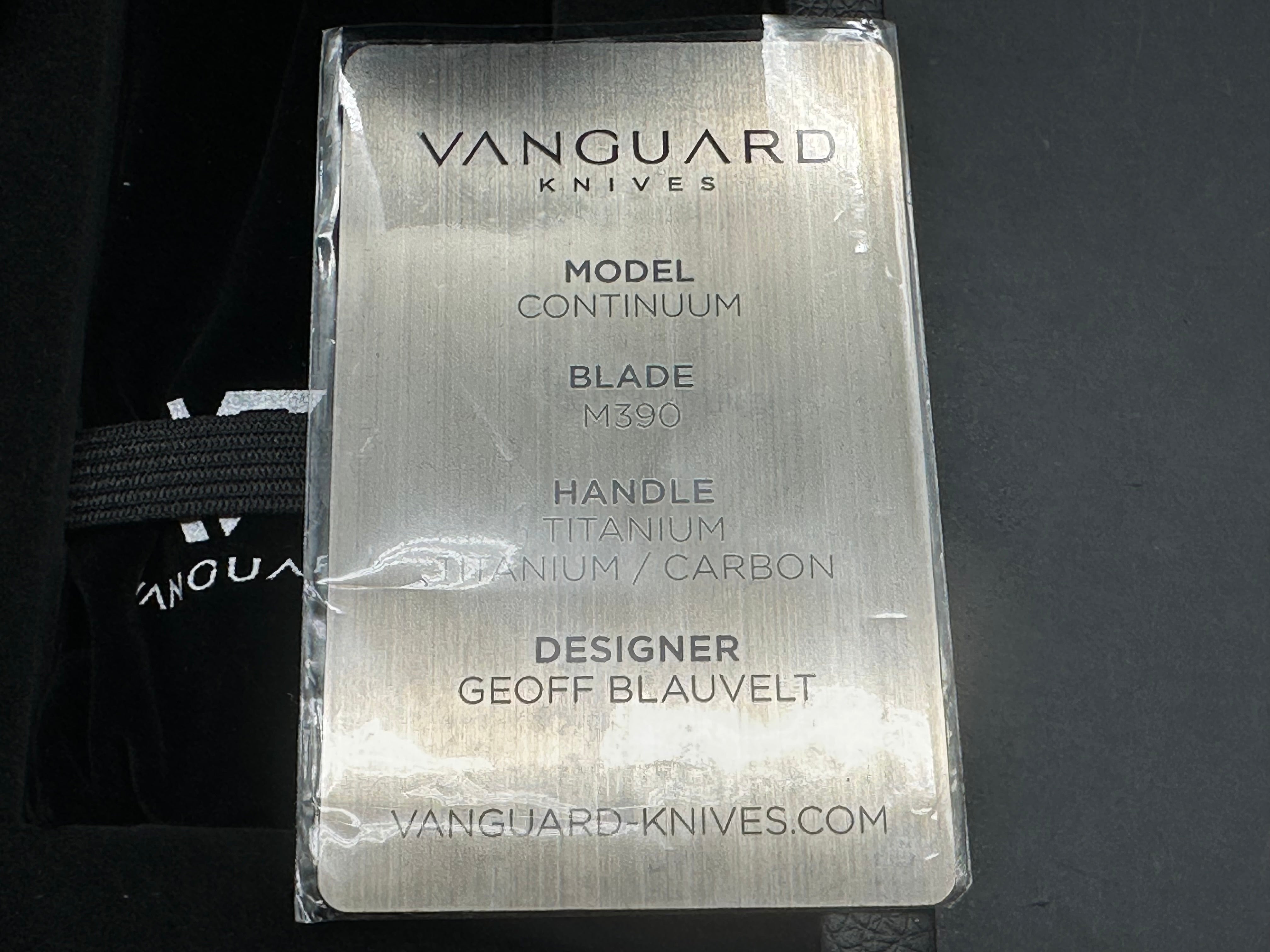 Vanguard Continuum, Dark Stonewashed M390 Blade, Flame Anodized Titanium Handles, Dark Blasted Titanium Backspacer and Pocket Clip