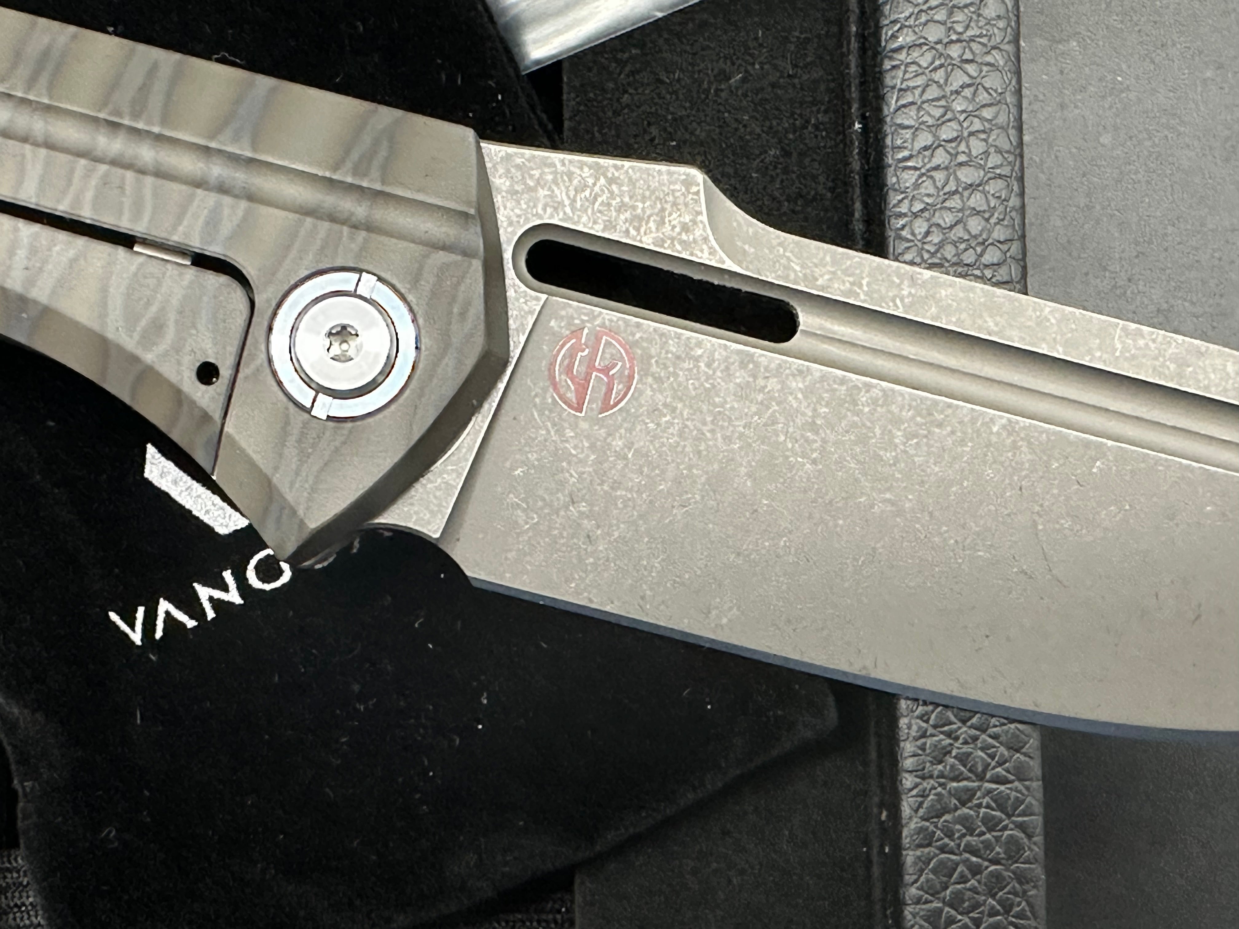 Vanguard Continuum, Dark Stonewashed M390 Blade, Flame Anodized Titanium Handles, Dark Blasted Titanium Backspacer and Pocket Clip