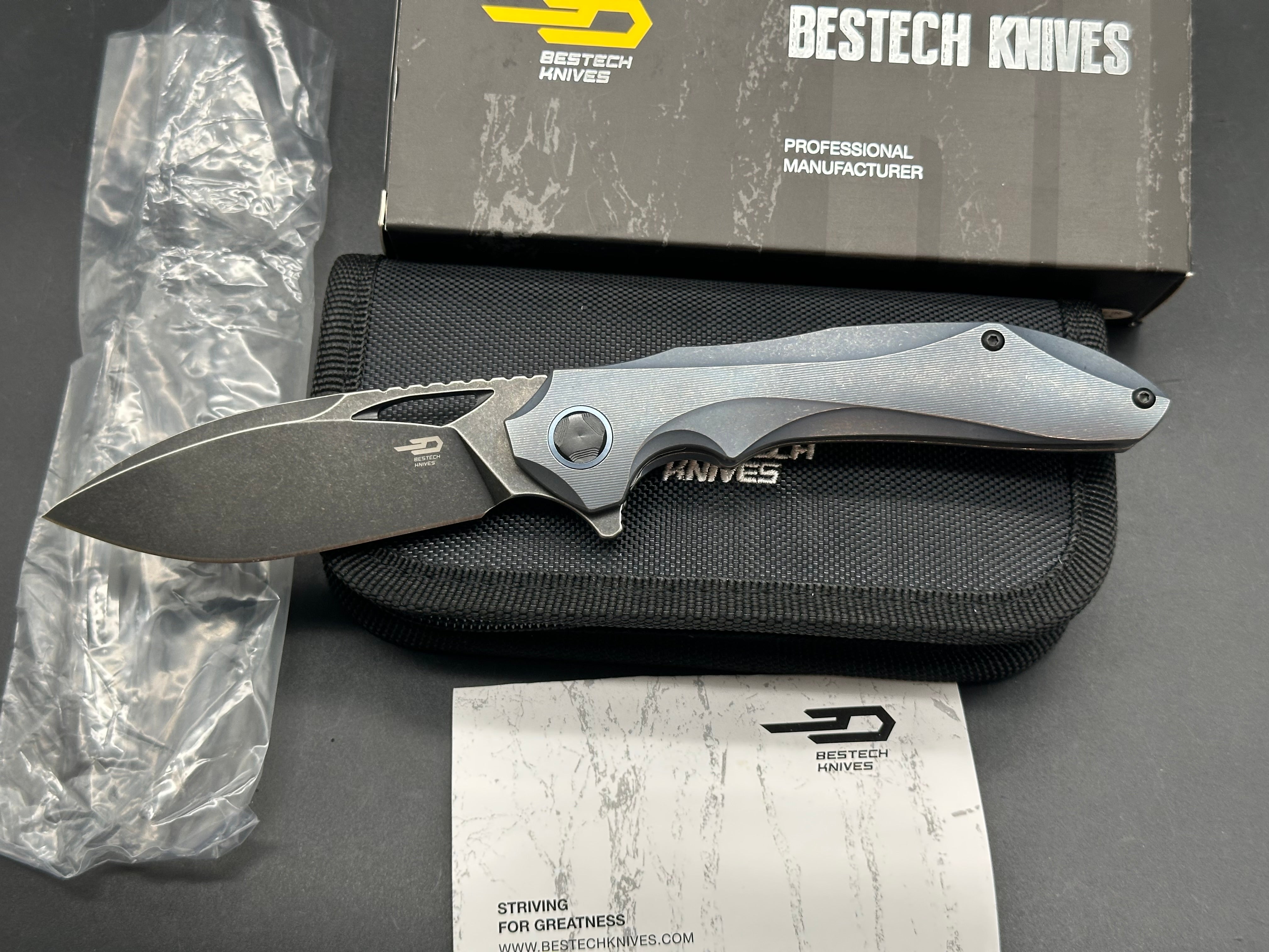 Bestech Eskra (BT1813B), Black Stonewashed M390 Blade, Contoured Blue Anodized Titanium Handles with Micro Milling