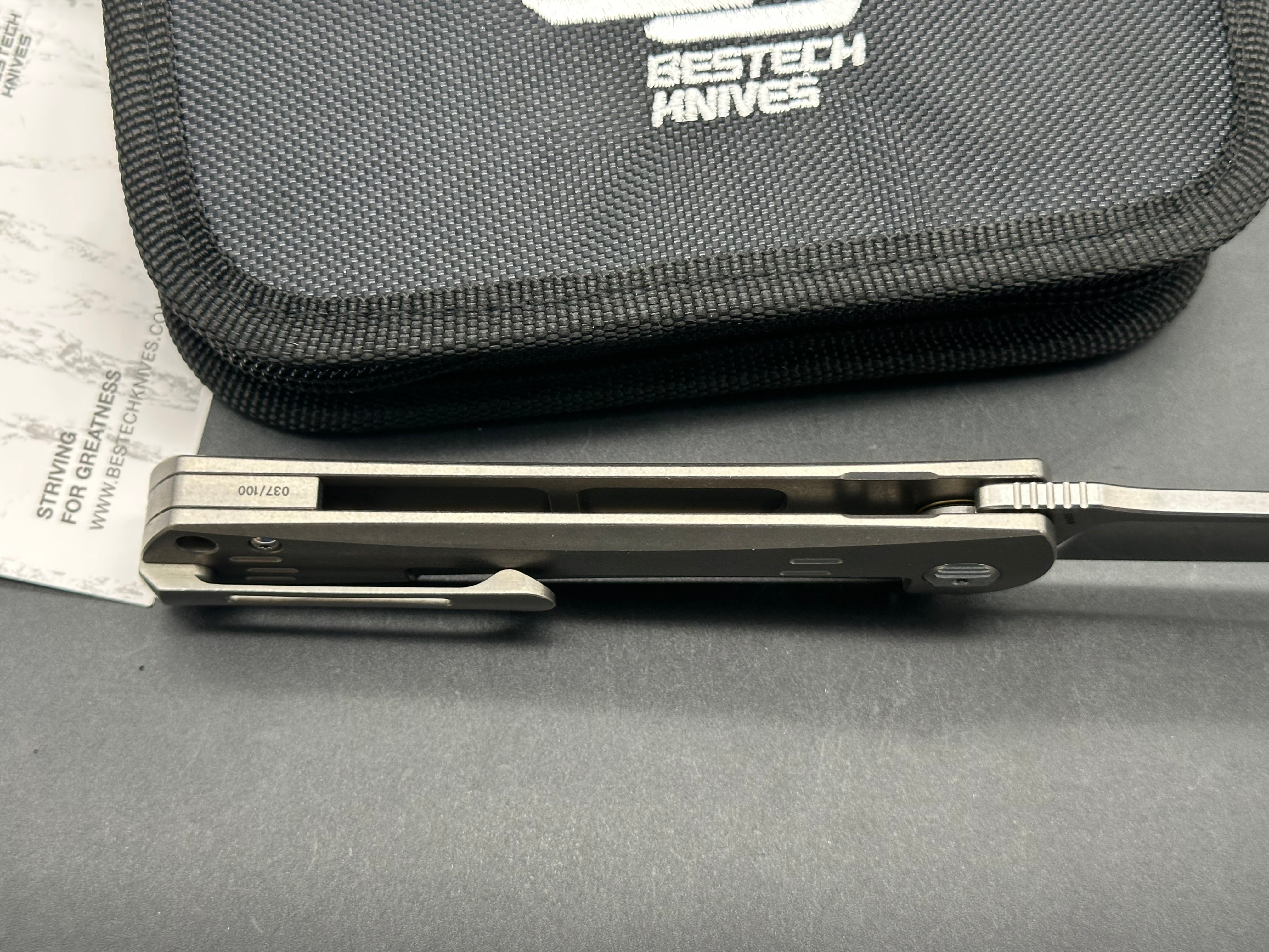 Bestech Kendo #037/100 Belt Satin CPM-S35VN Blade with Stonewashed Flats, Stonewashed Titanium Handles
