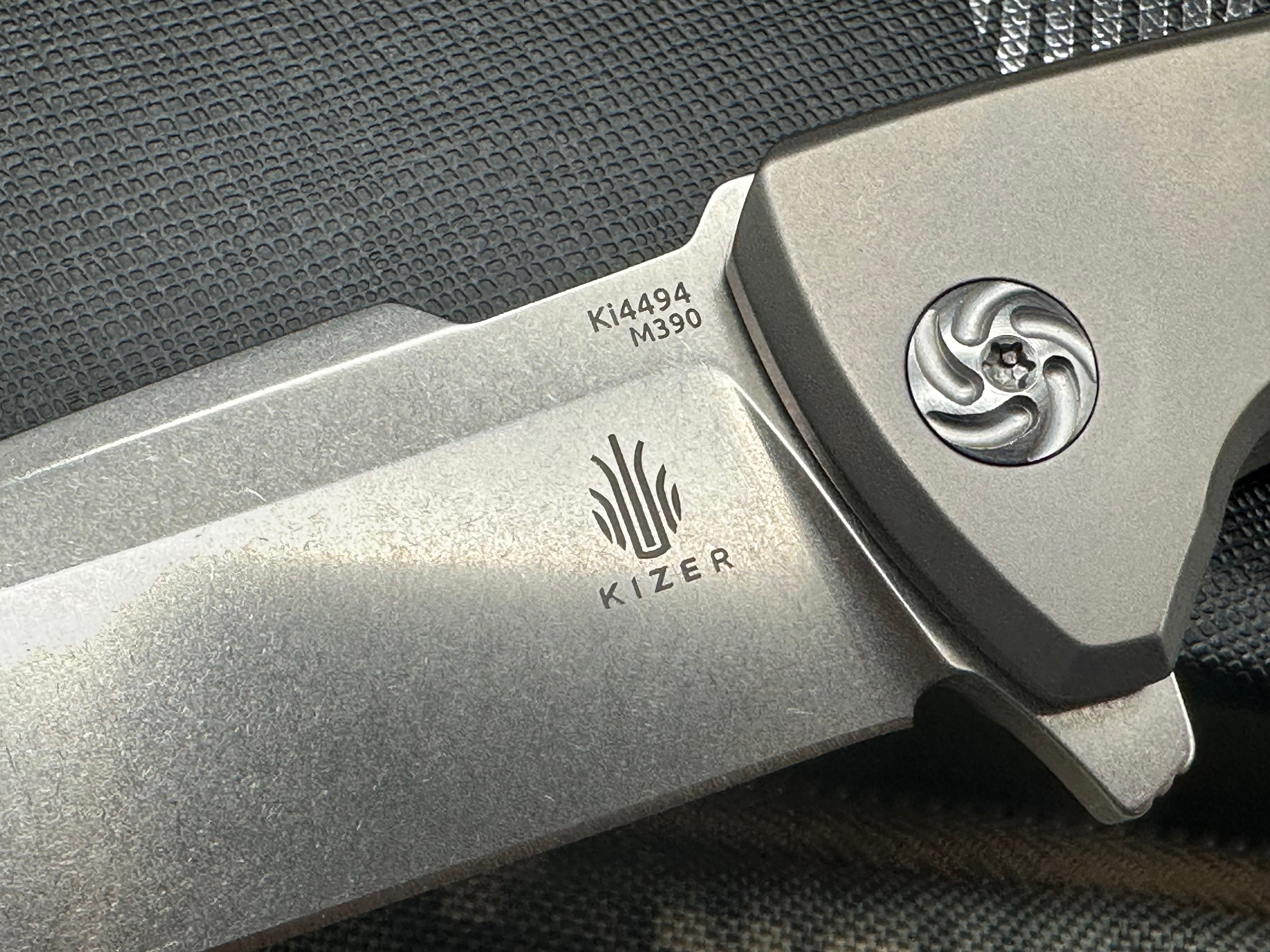 Kizer Mjolnir (Ki4494), Stonewashed M390 Blade, Bead Blasted Titanium Handles, Bead Blasted Titanium Pocket Clip