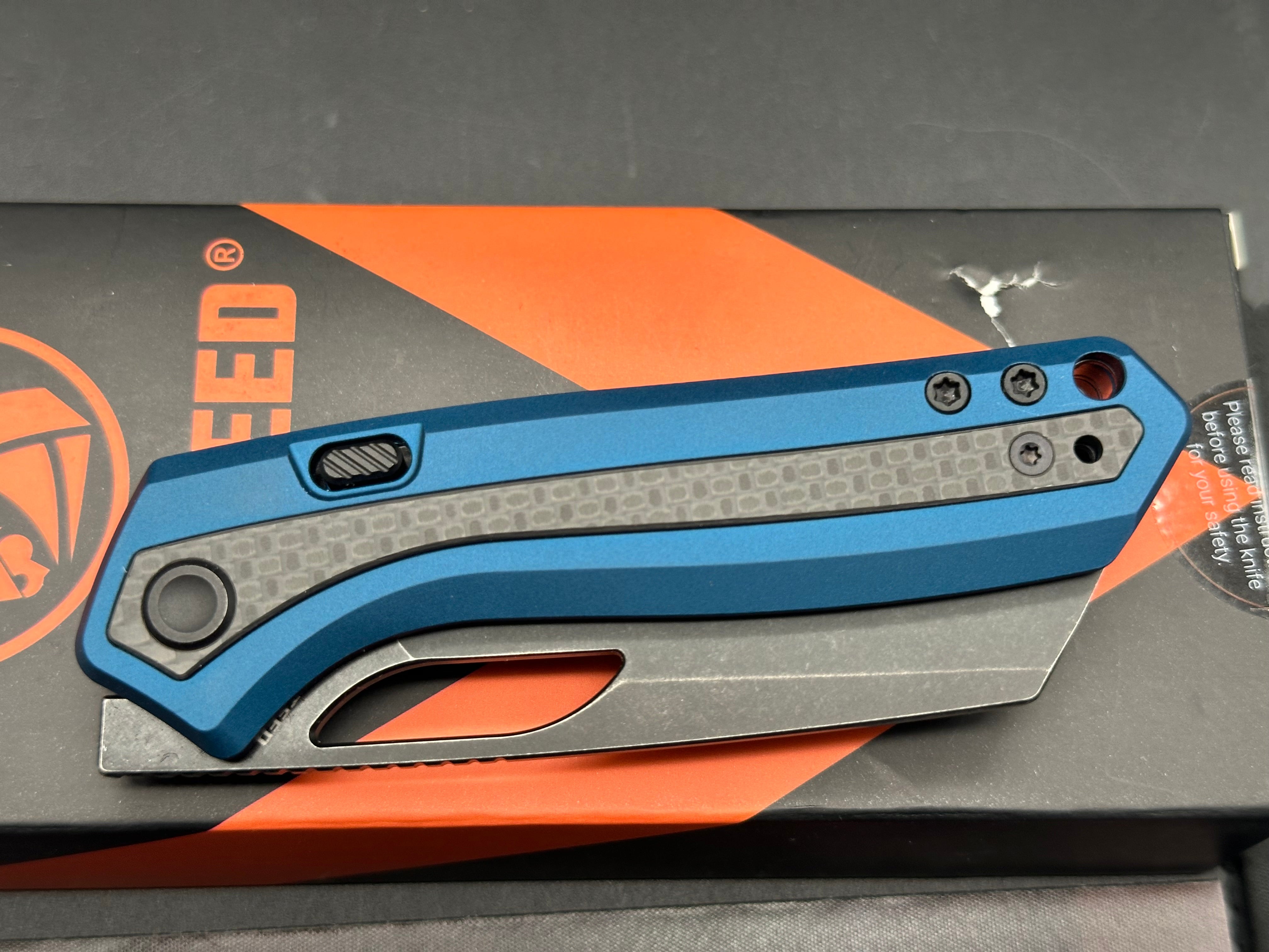 Vosteed Kroc Black Stonewashed CPM-S35VN Blade, Blue Aluminum Handles with Carbon Fiber Inlays