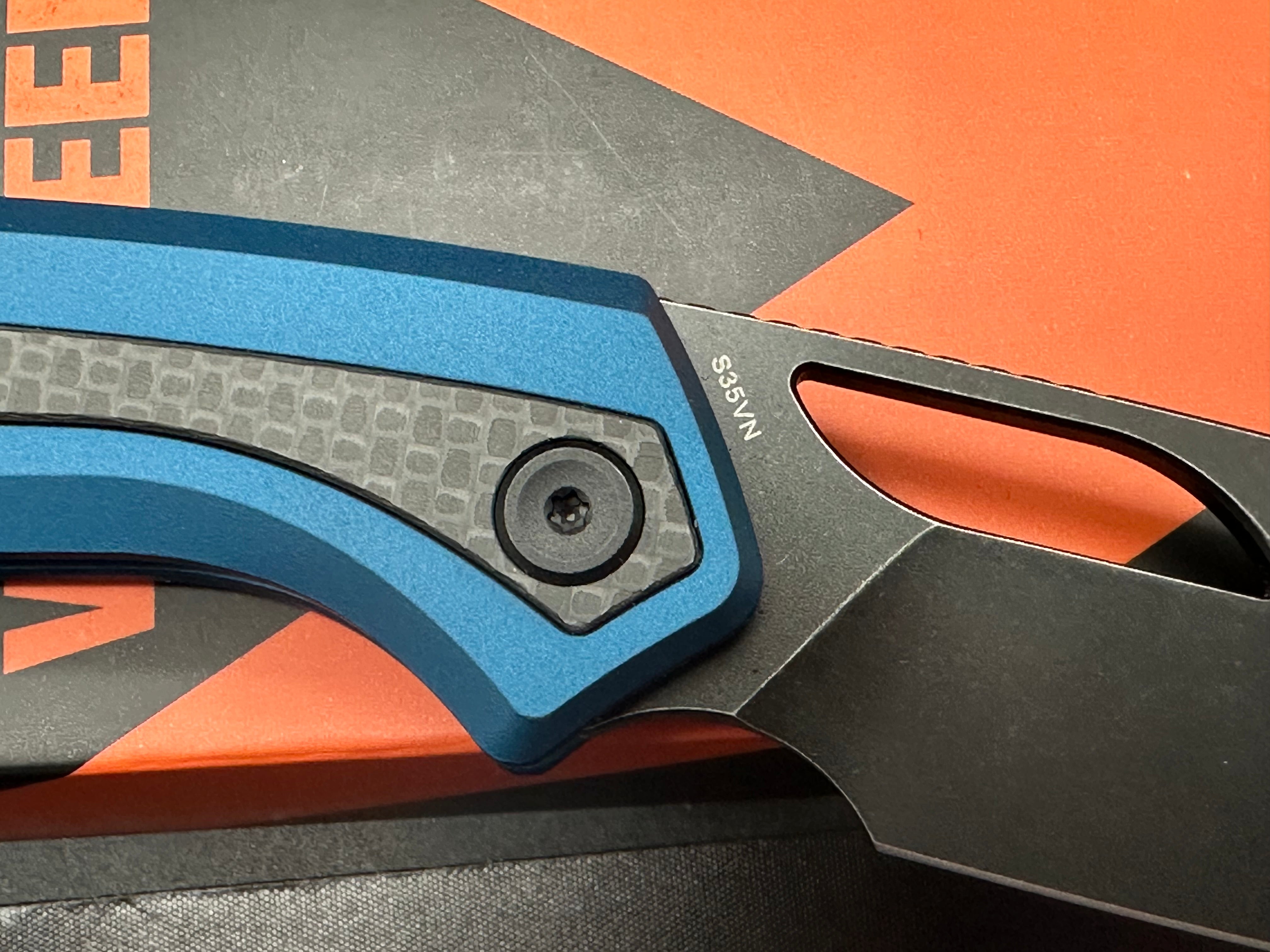 Vosteed Kroc Black Stonewashed CPM-S35VN Blade, Blue Aluminum Handles with Carbon Fiber Inlays