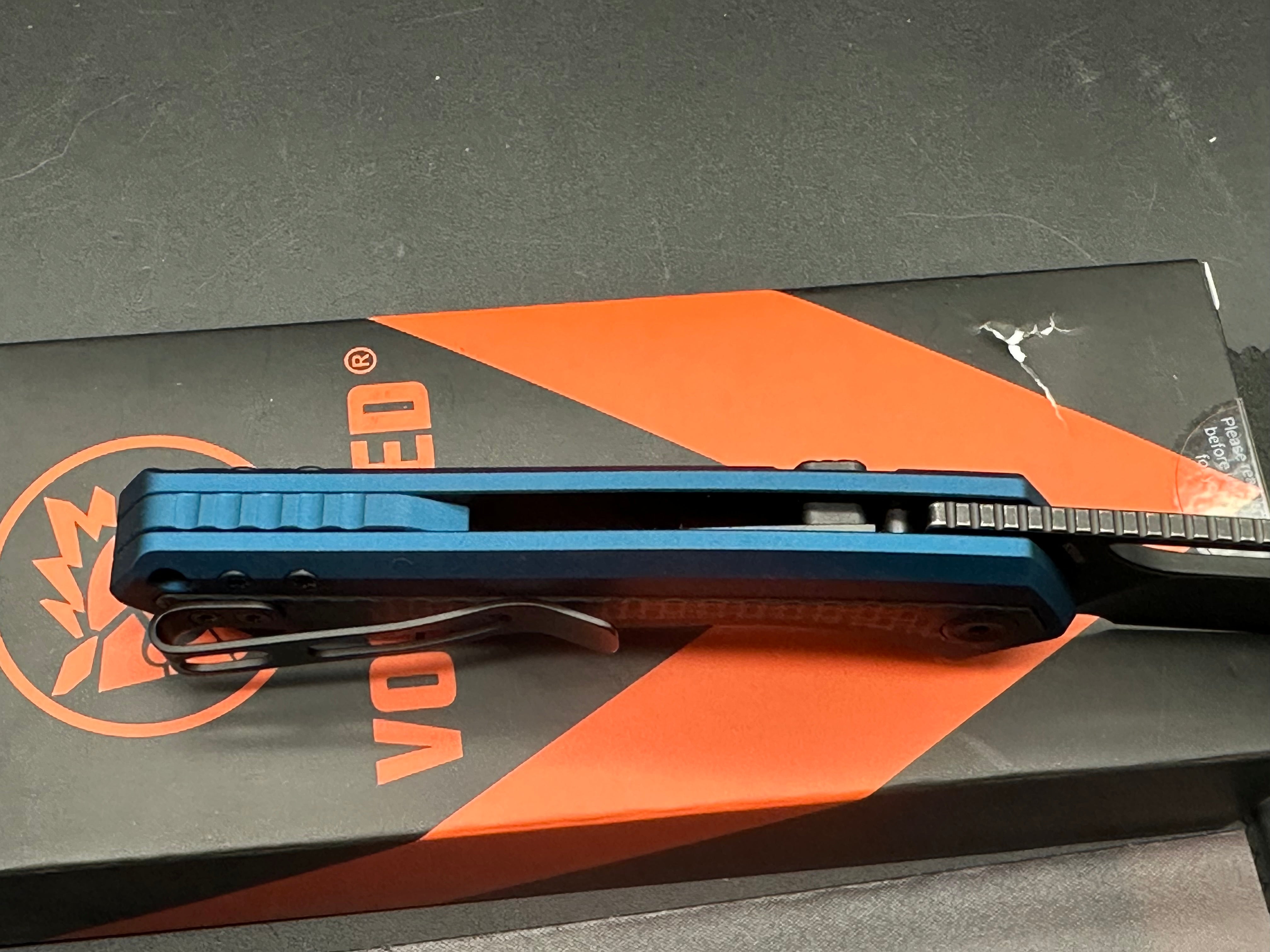 Vosteed Kroc Black Stonewashed CPM-S35VN Blade, Blue Aluminum Handles with Carbon Fiber Inlays