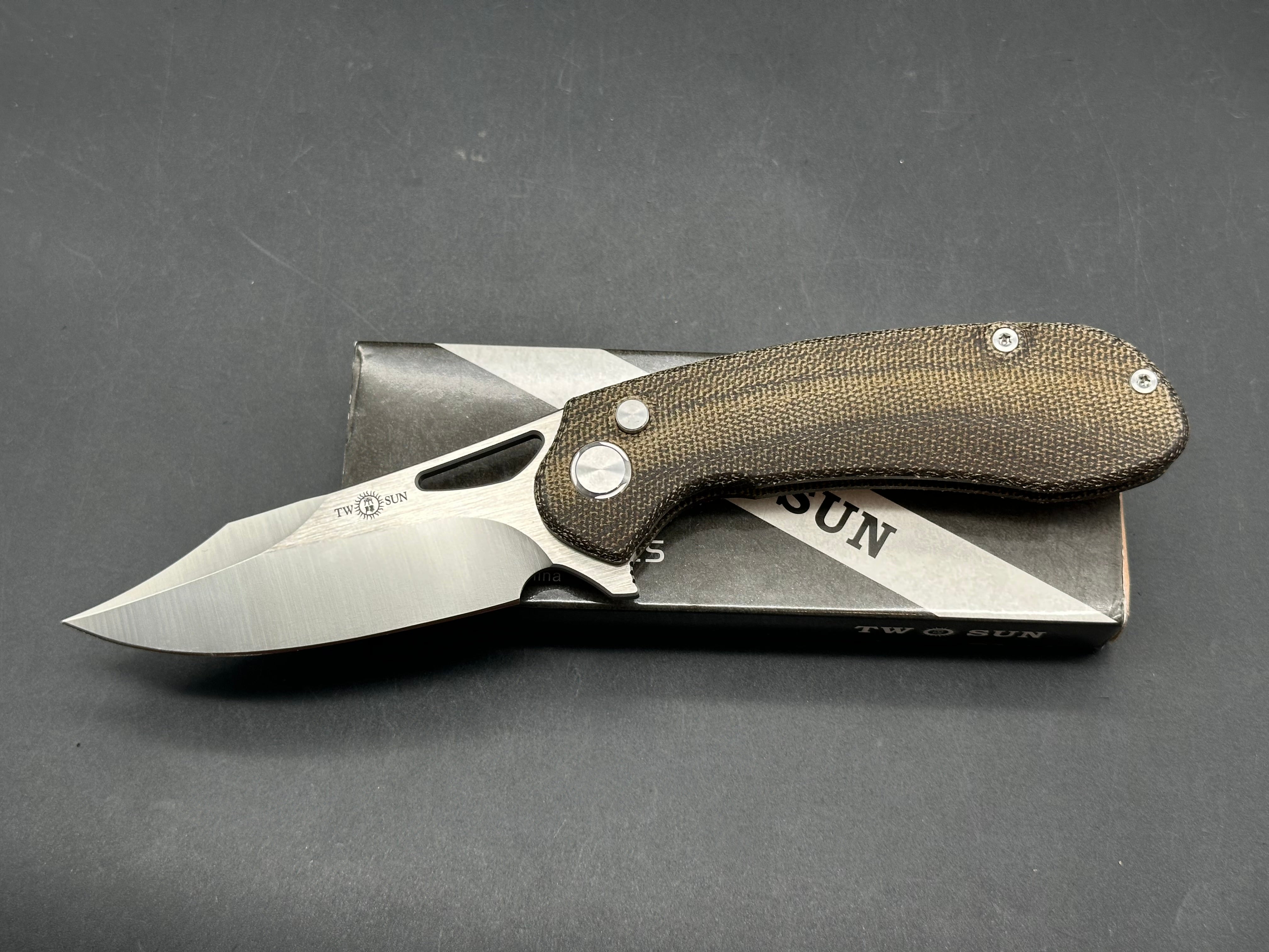 TwoSun TS399 BUTTON LOCK FOLDING KNIFE BLACK LINEN MICARTA HANDLE D2 BLADE