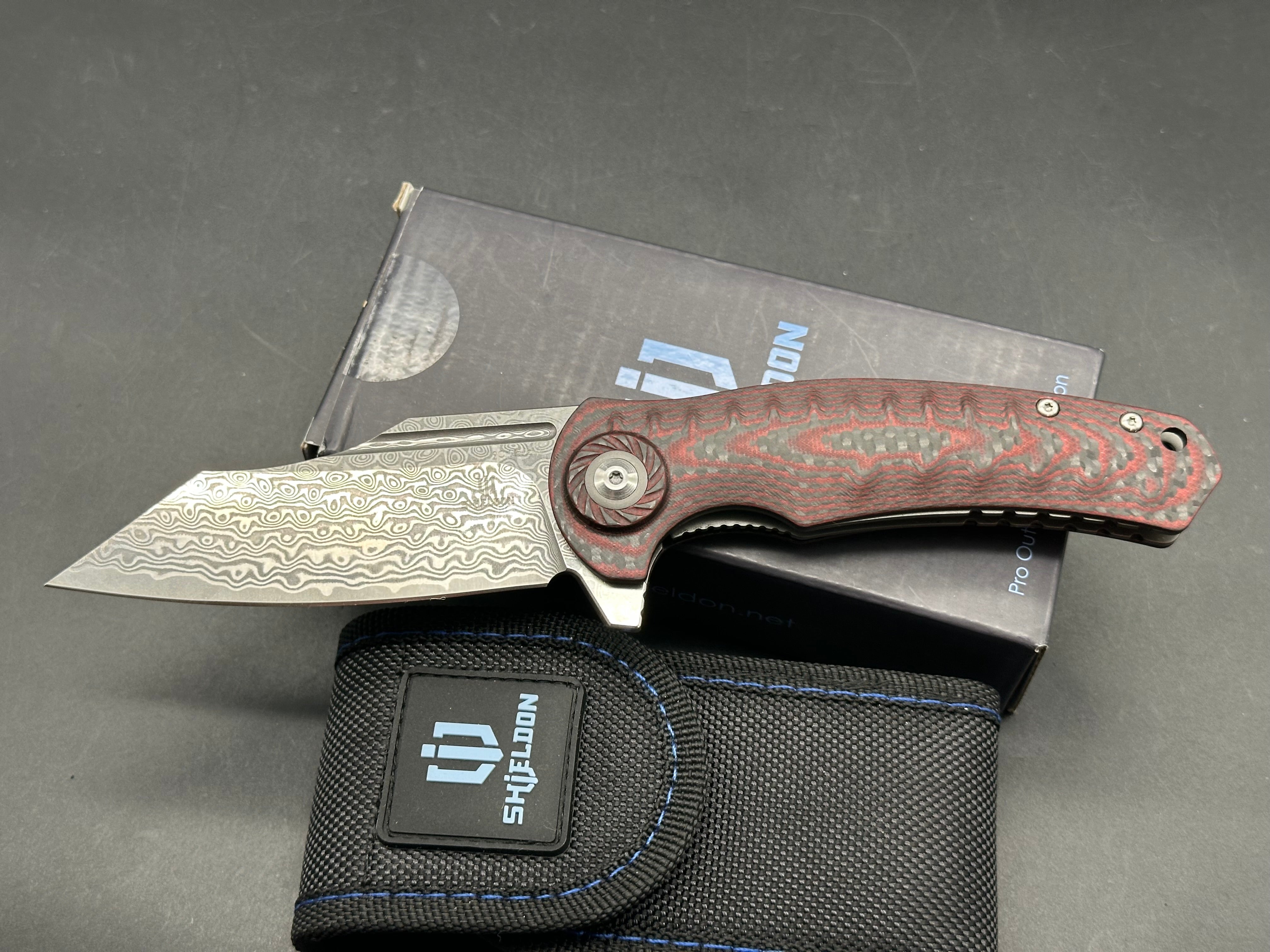 SHIELDON TRANCHODON LINERLOCK RED G10 FOLDING DAMASCUS POCKET KNIFE