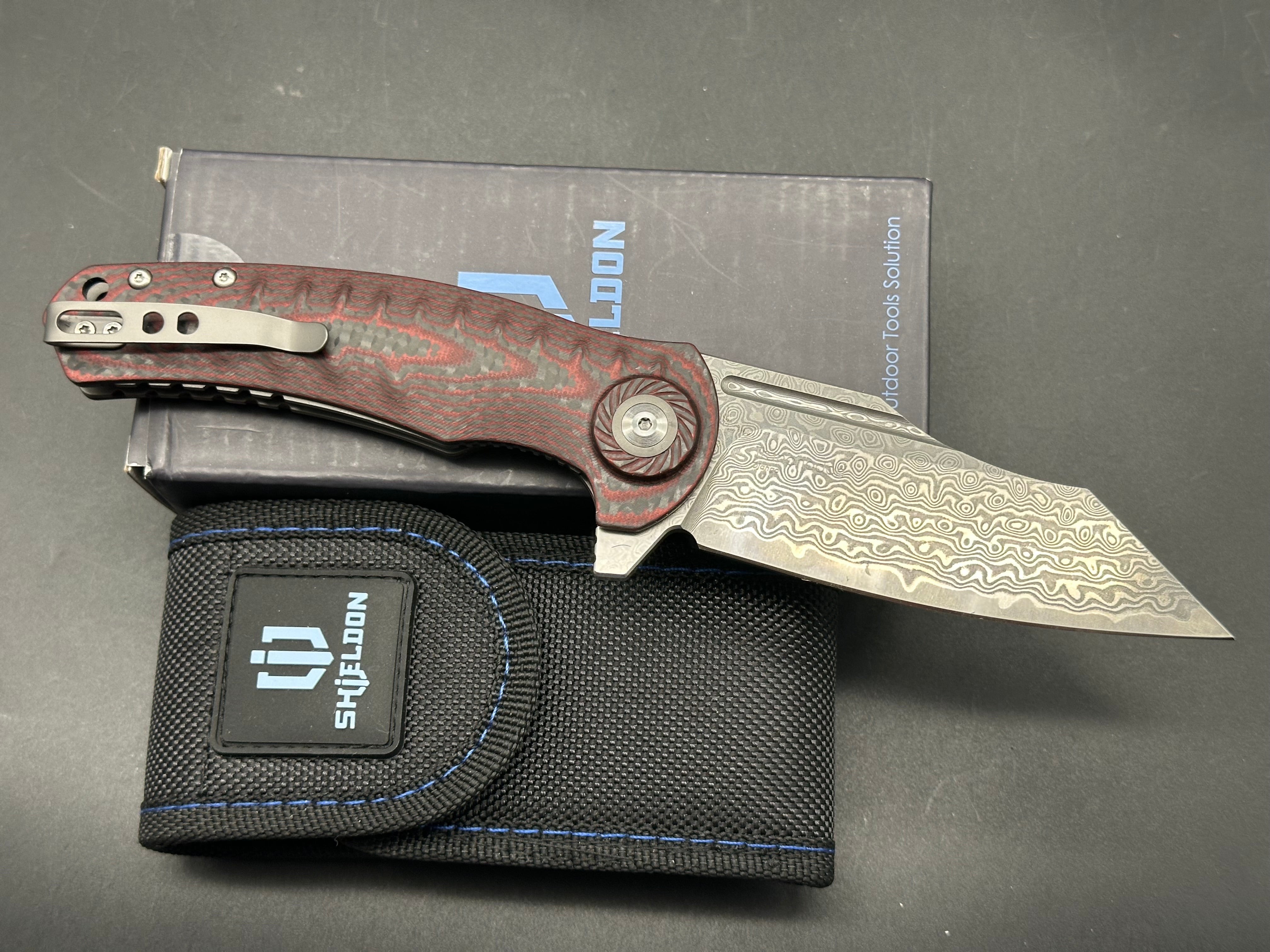 SHIELDON TRANCHODON LINERLOCK RED G10 FOLDING DAMASCUS POCKET KNIFE