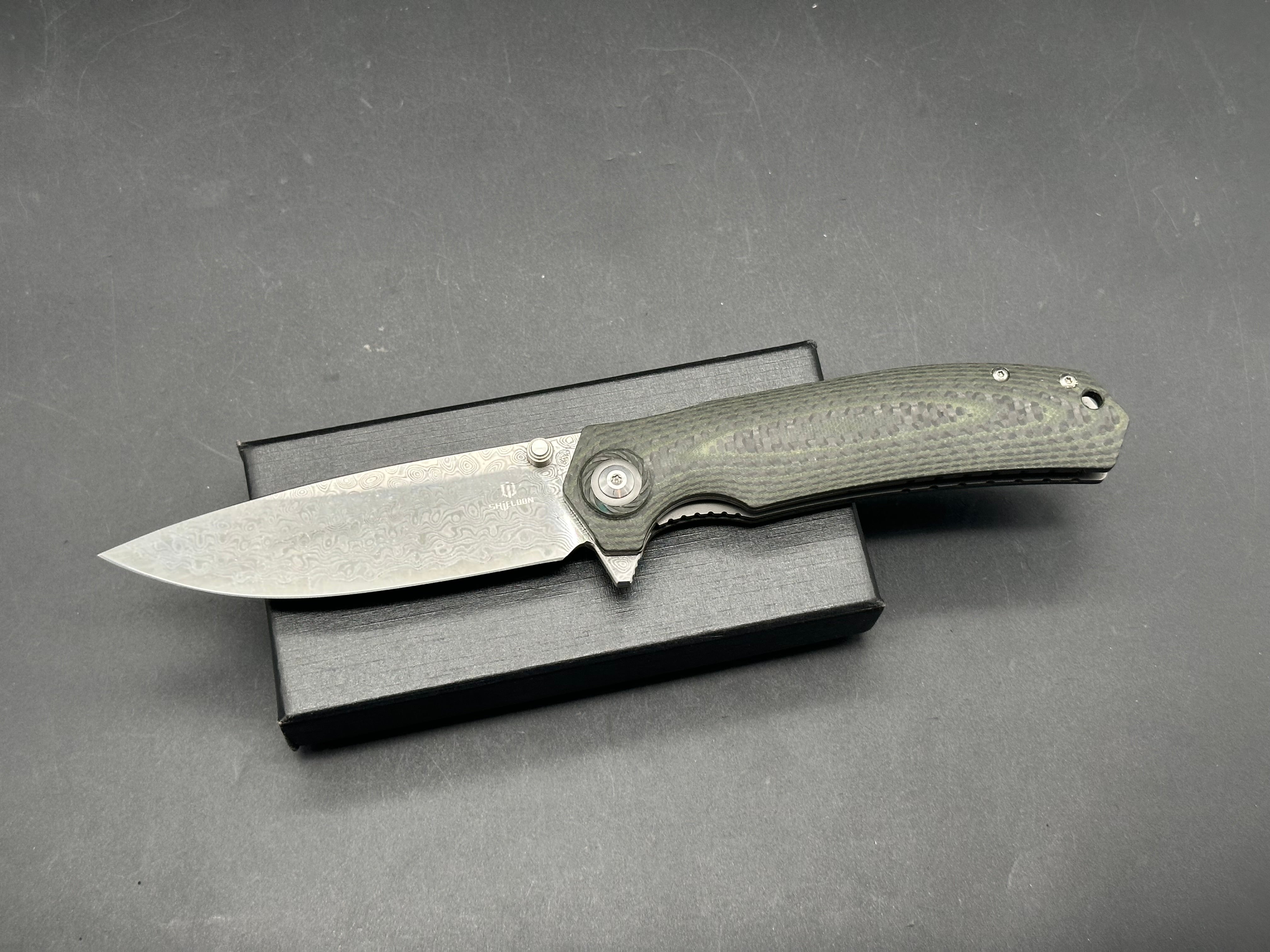 SHIELDON CHARKOS LINERLOCK GREEN G10 FOLDING 9CR18MOV DAMASCUS KNIFE