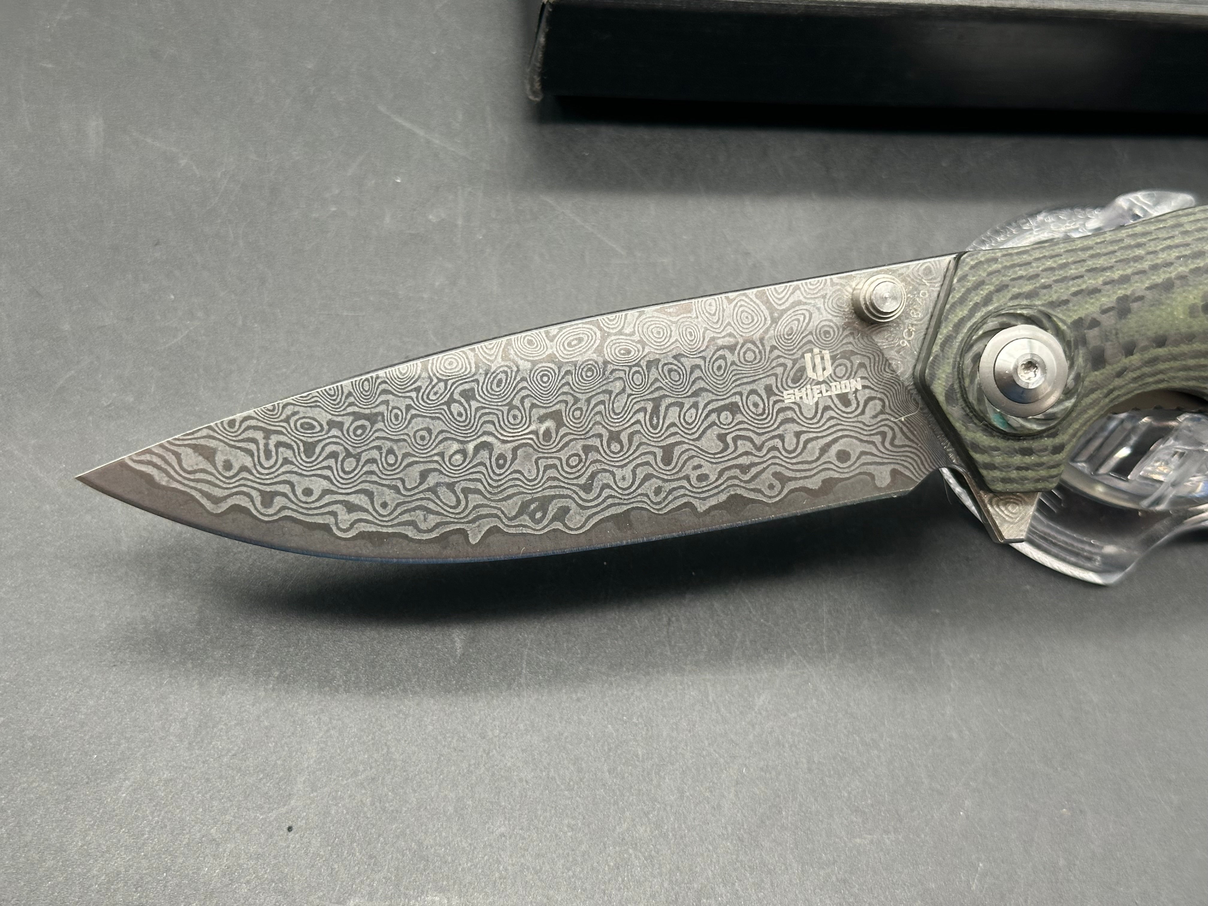 SHIELDON CHARKOS LINERLOCK GREEN G10 FOLDING 9CR18MOV DAMASCUS KNIFE