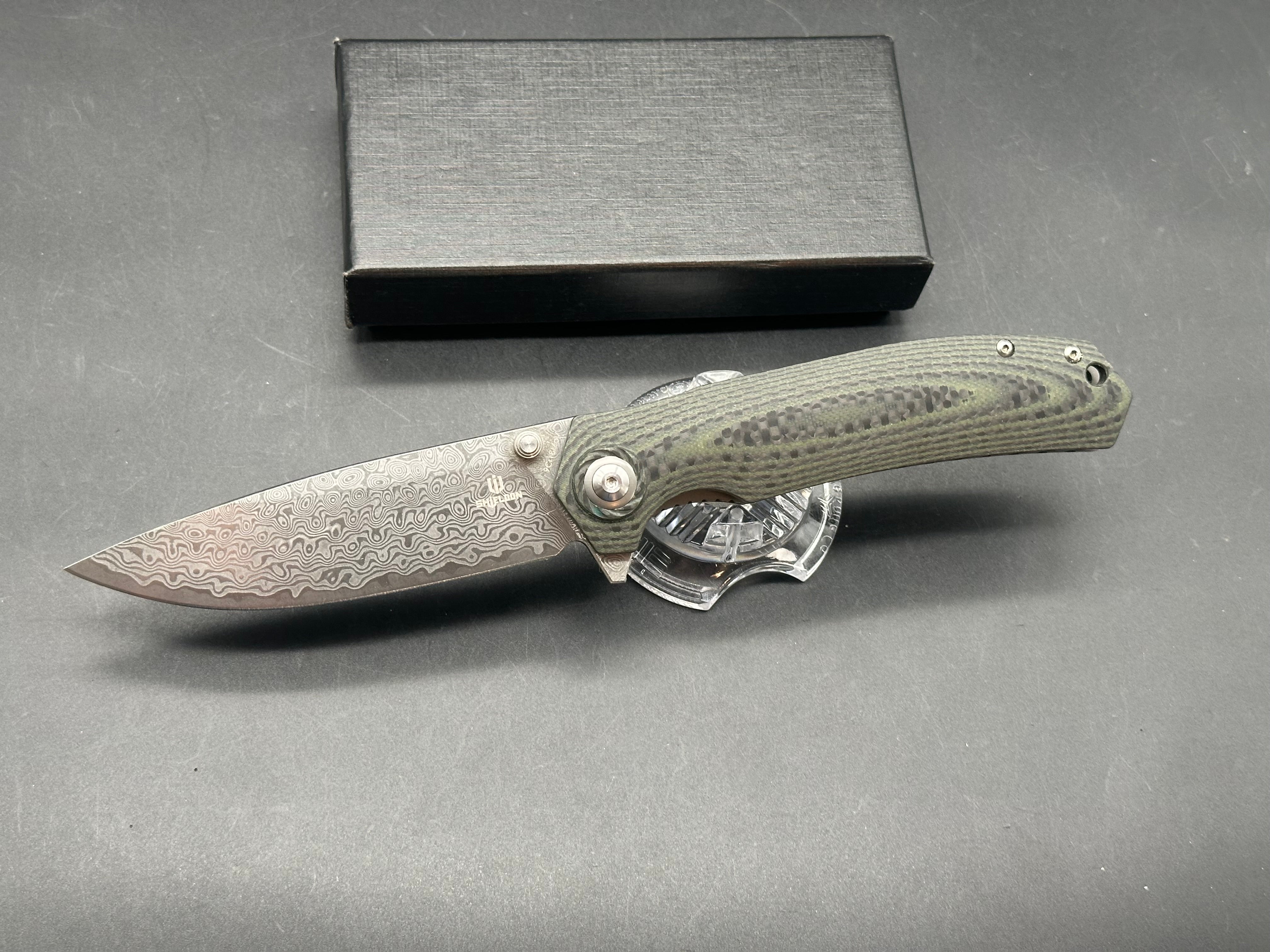 SHIELDON CHARKOS LINERLOCK GREEN G10 FOLDING 9CR18MOV DAMASCUS KNIFE
