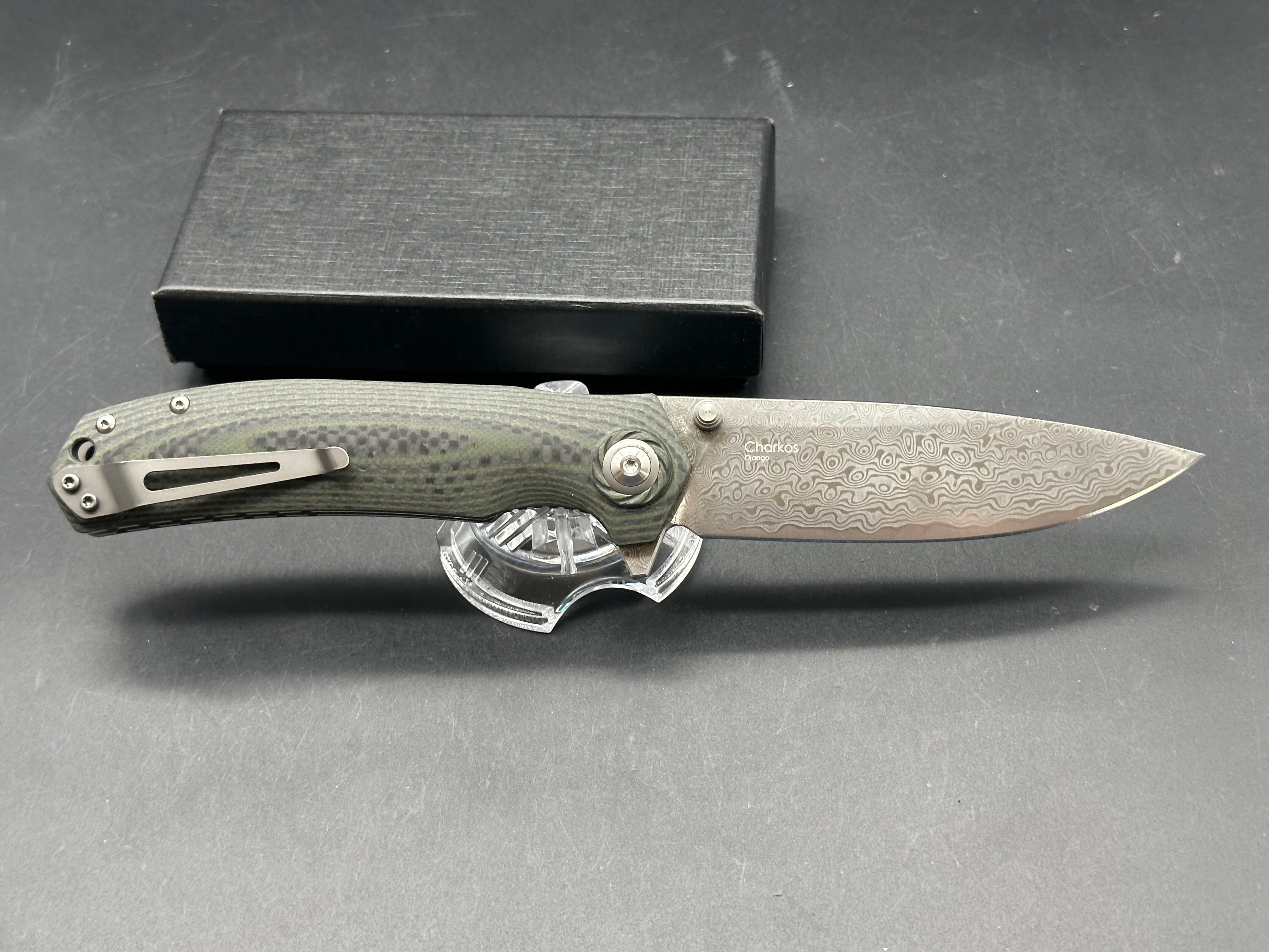 SHIELDON CHARKOS LINERLOCK GREEN G10 FOLDING 9CR18MOV DAMASCUS KNIFE