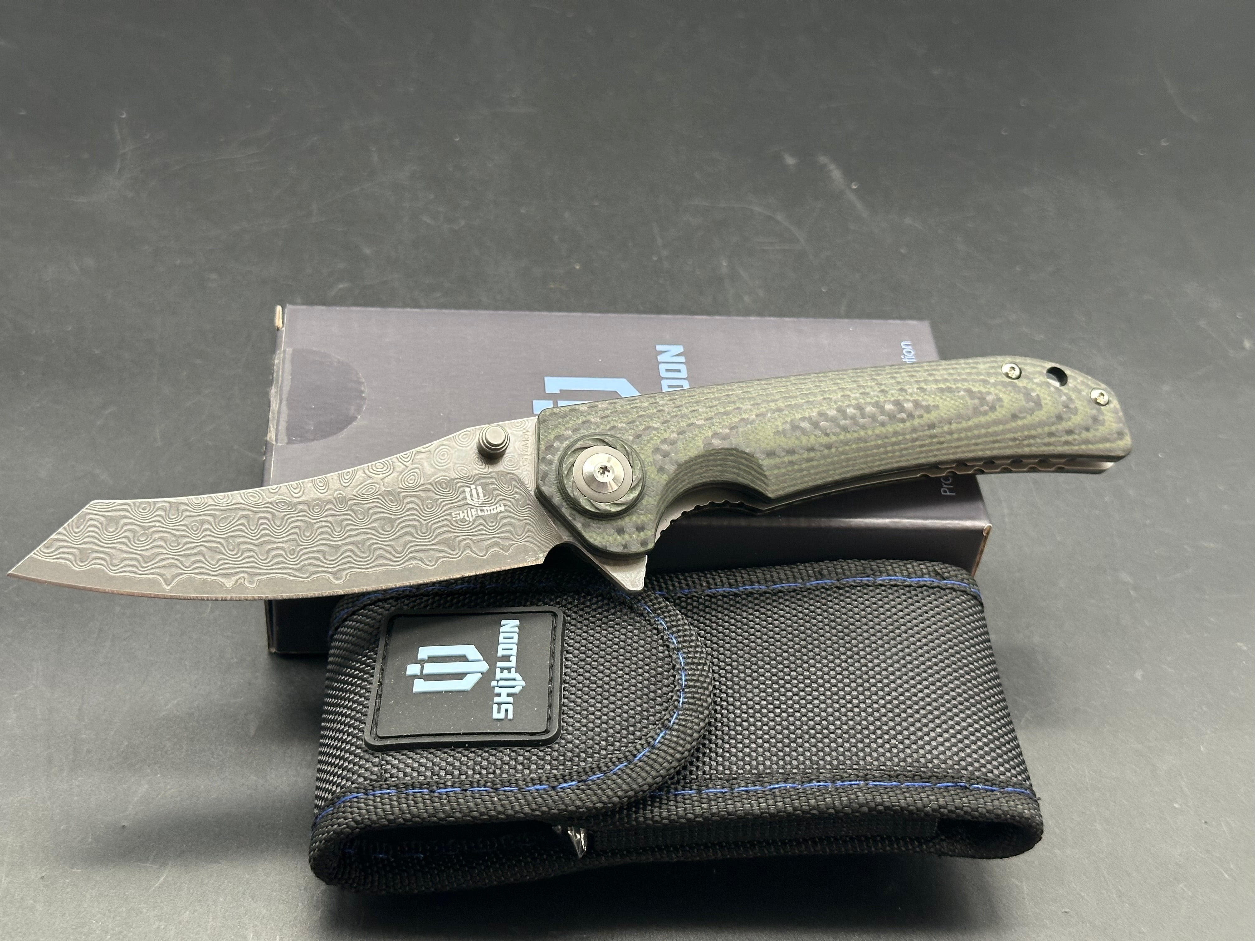 SHIELDON TORTANK LINERLOCK BLACK/GREEN G10 FOLDING 9CR18MOV DAMASCUS KNIFE