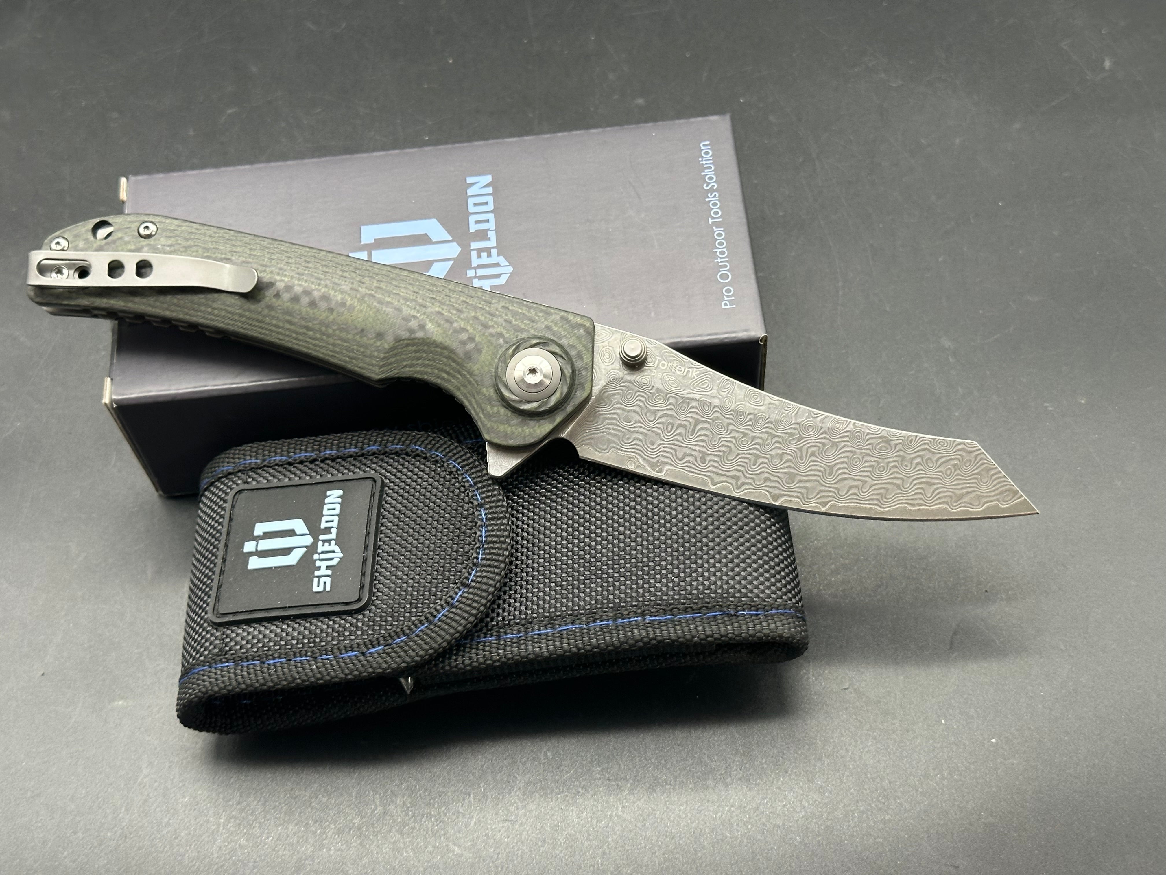 SHIELDON TORTANK LINERLOCK BLACK/GREEN G10 FOLDING 9CR18MOV DAMASCUS KNIFE