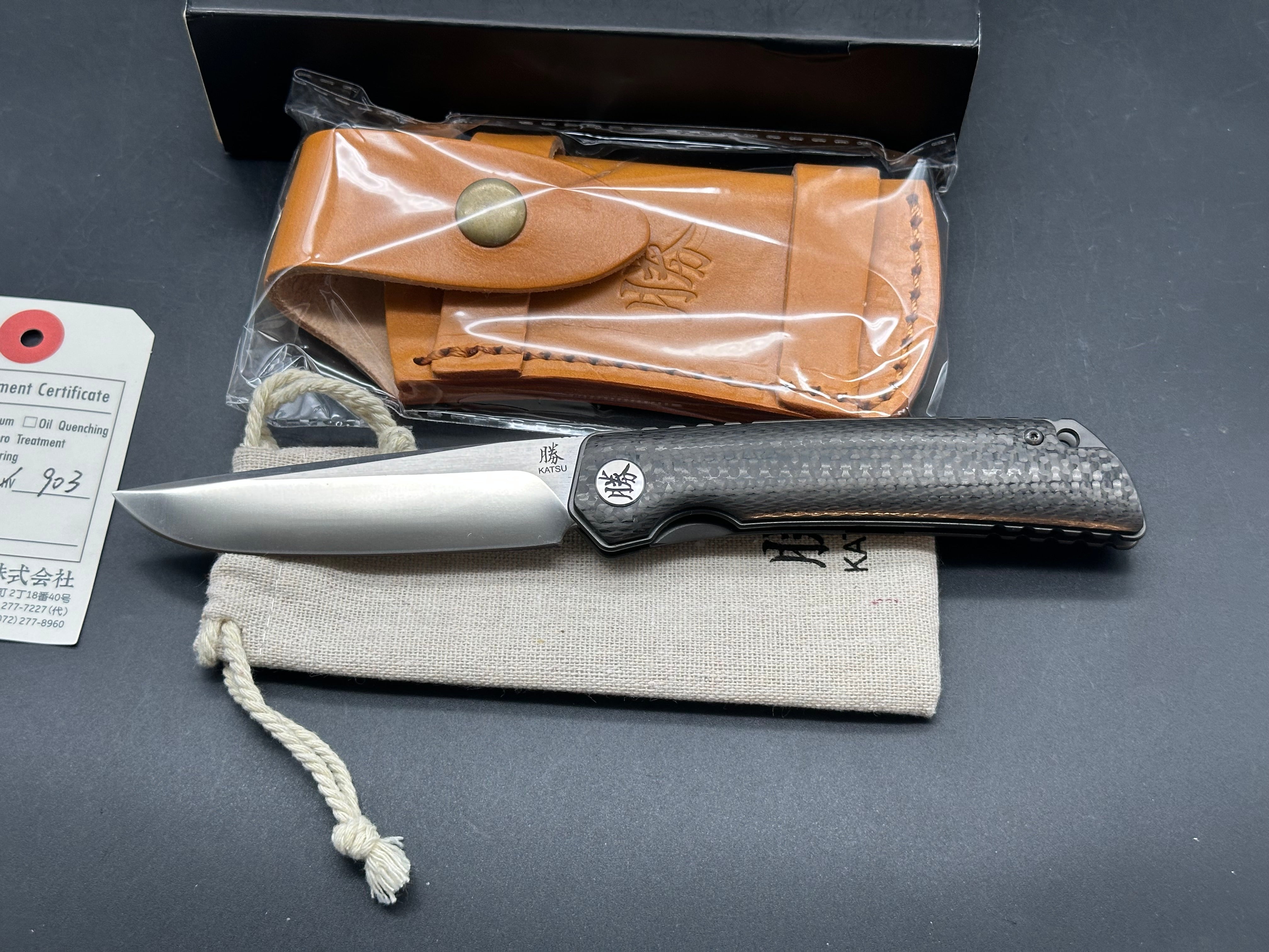 KATSU CK01, Carbon Fiber Handle 154CM Steel Blade, Leather Sheath