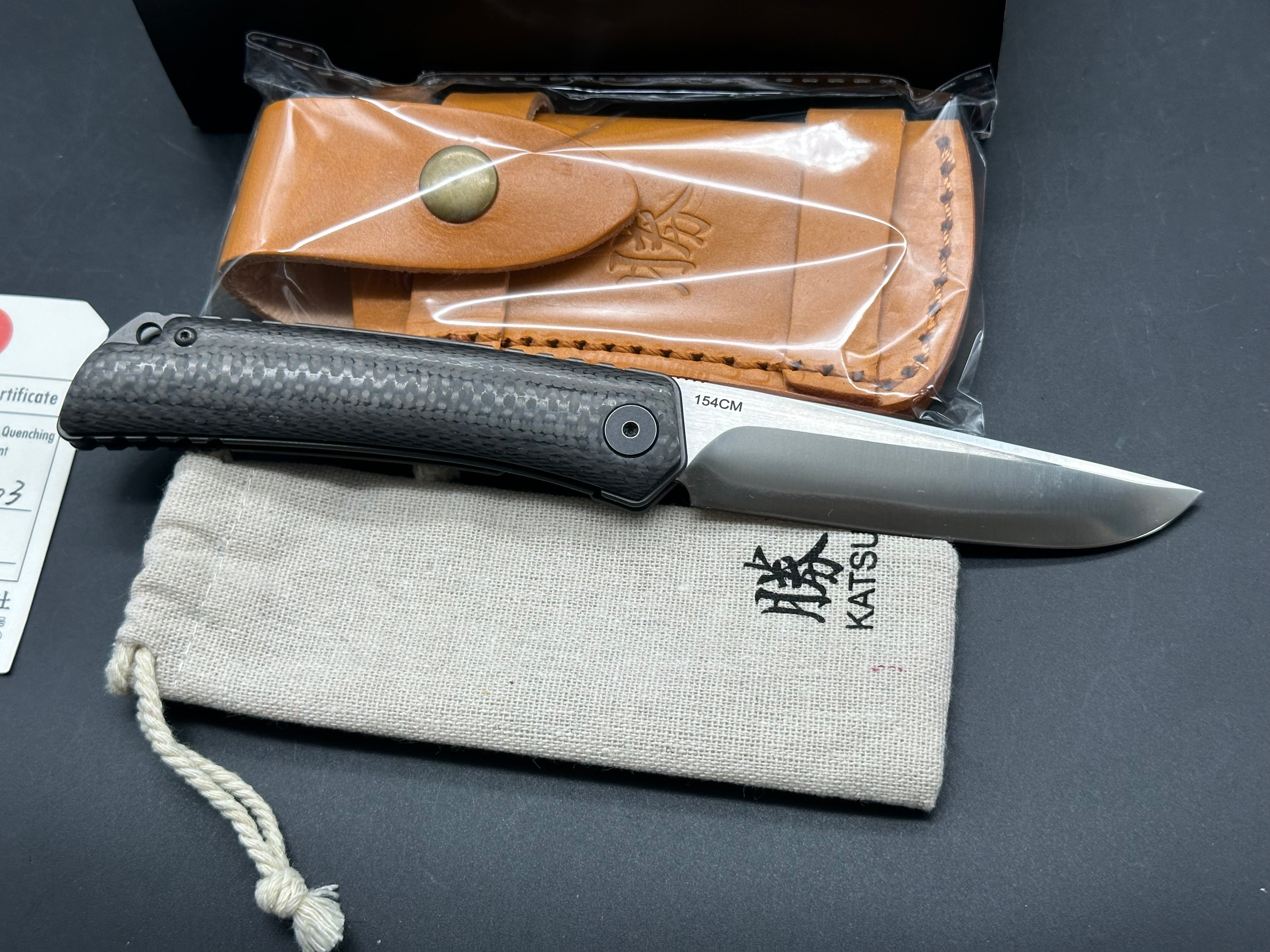 KATSU CK01, Carbon Fiber Handle 154CM Steel Blade, Leather Sheath