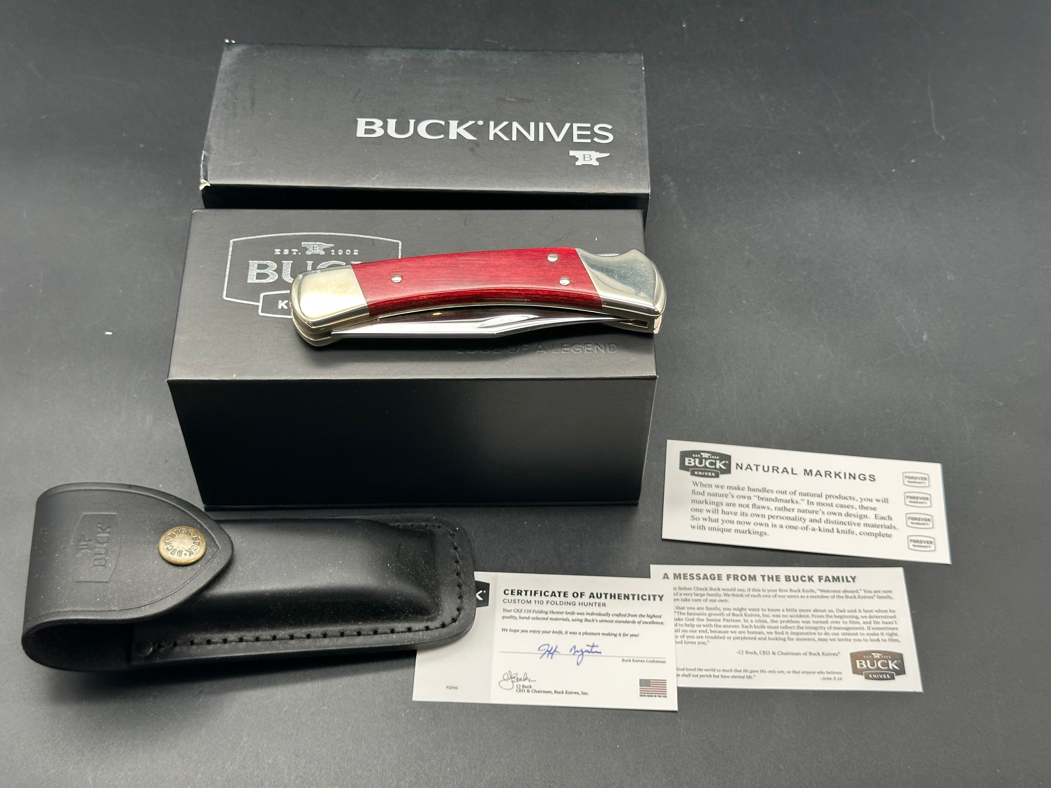 Buck Knives 110 Custom Shop Red Cherry wood and 420HC blade
