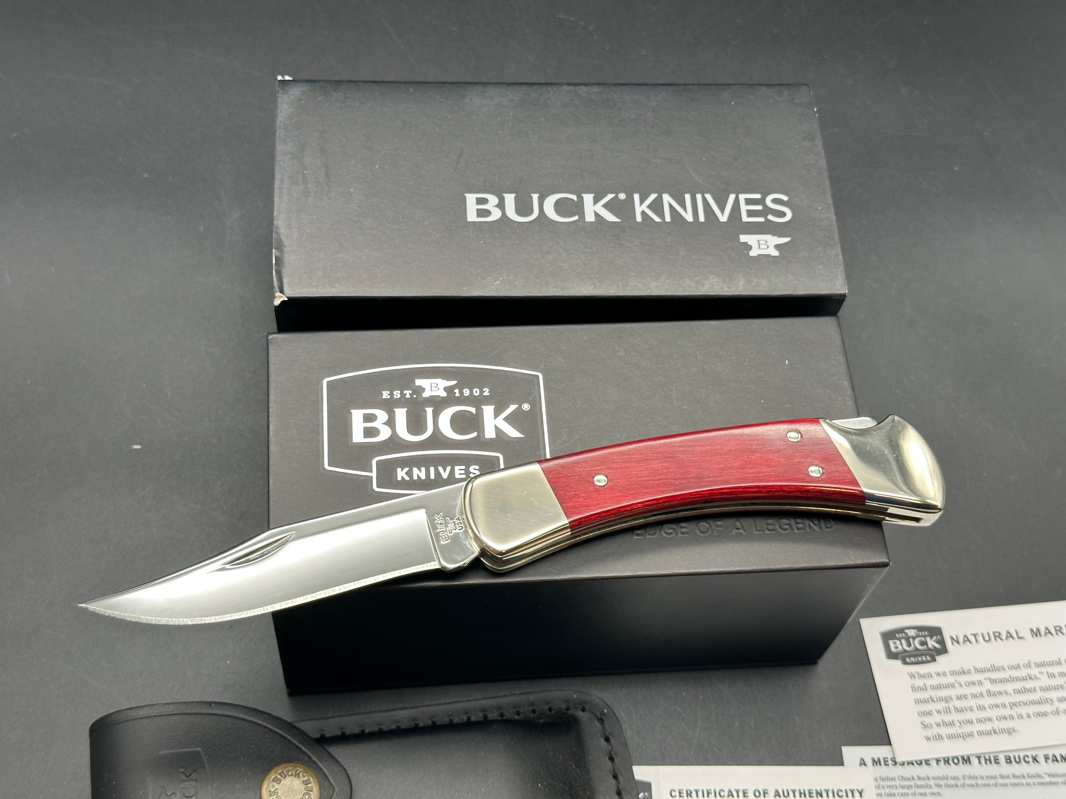 Buck Knives 110 Custom Shop Red Cherry wood and 420HC blade