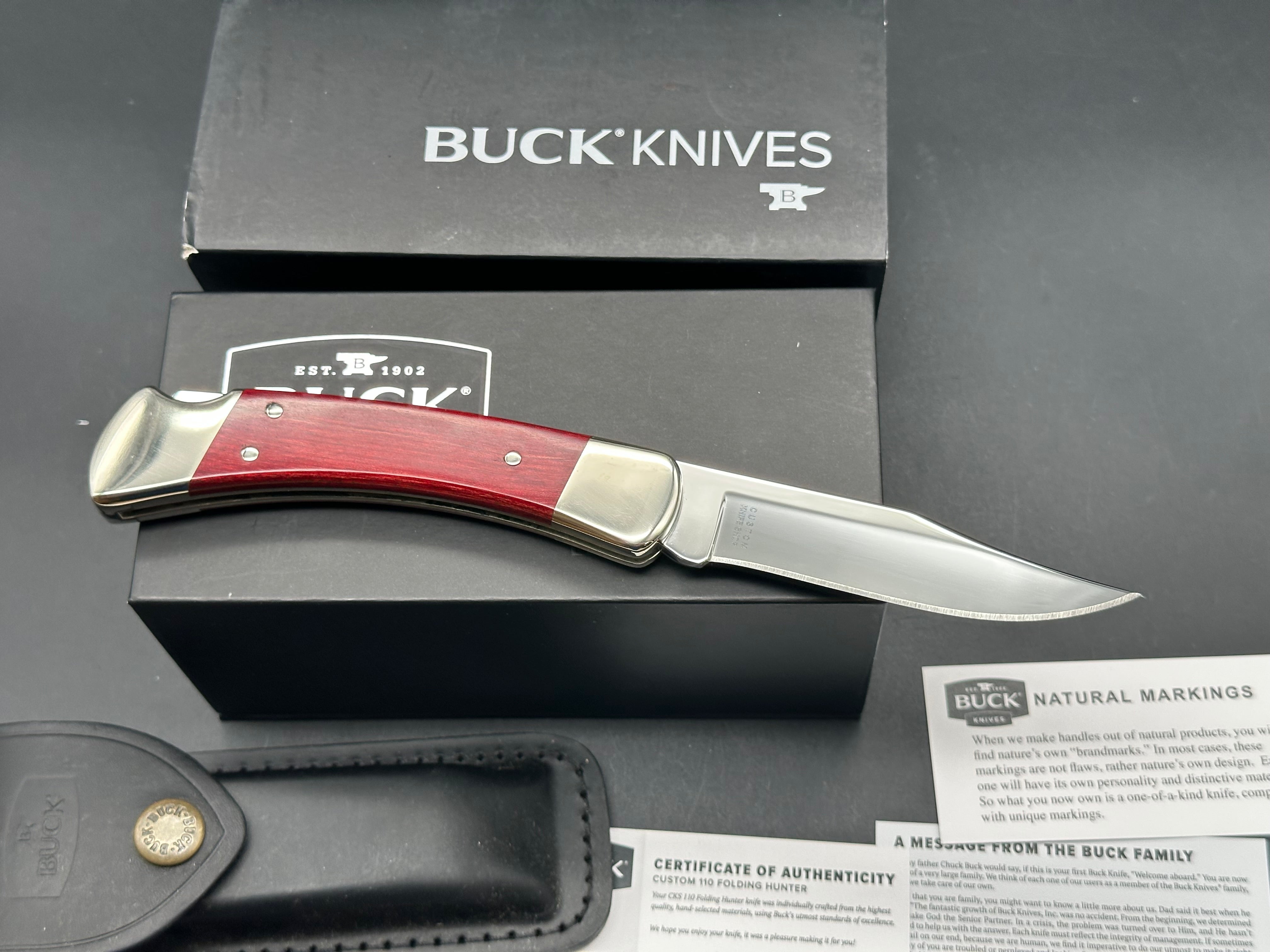 Buck Knives 110 Custom Shop Red Cherry wood and 420HC blade