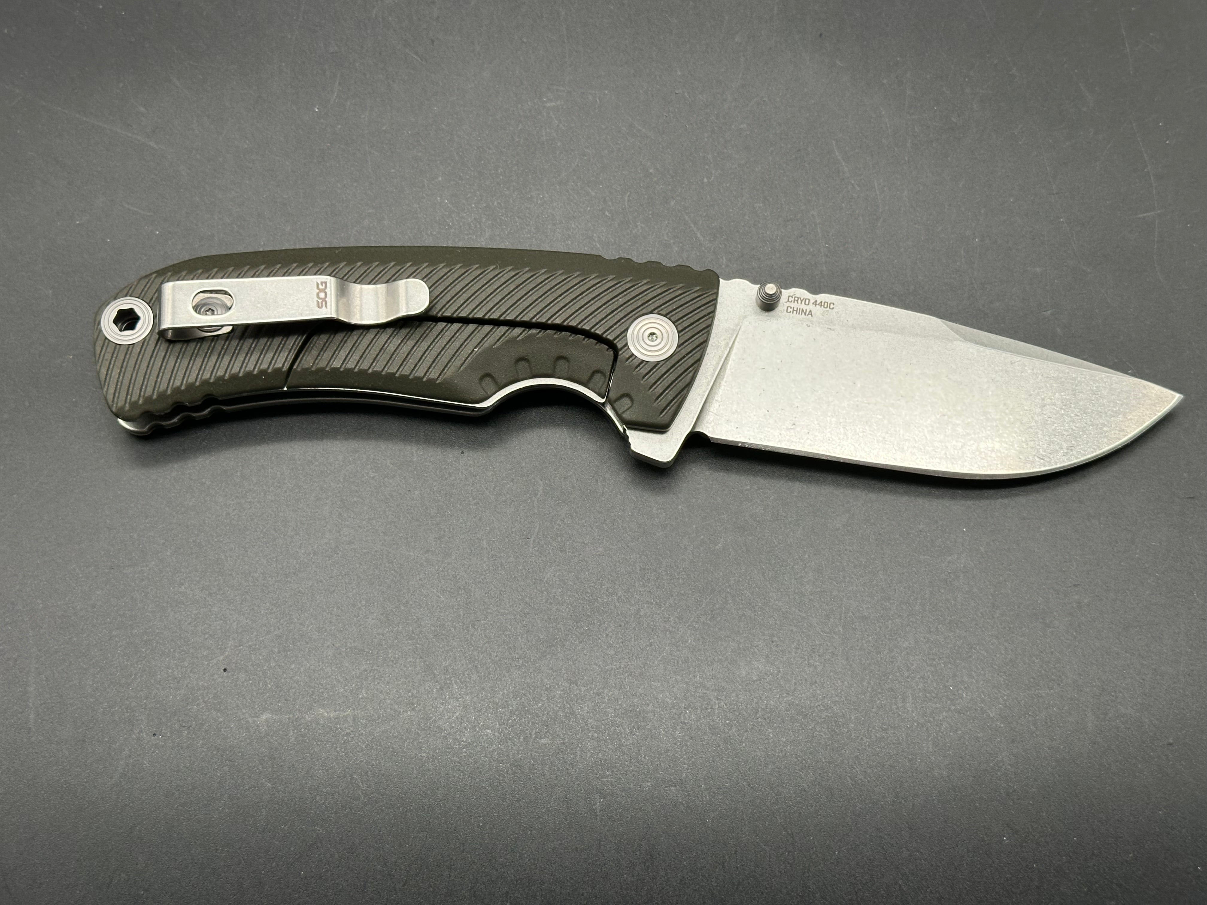 SOG Tellus FLK, 3.65” Cryo 440C Stonewash Drop Point Blade, OD Green GRN Handle