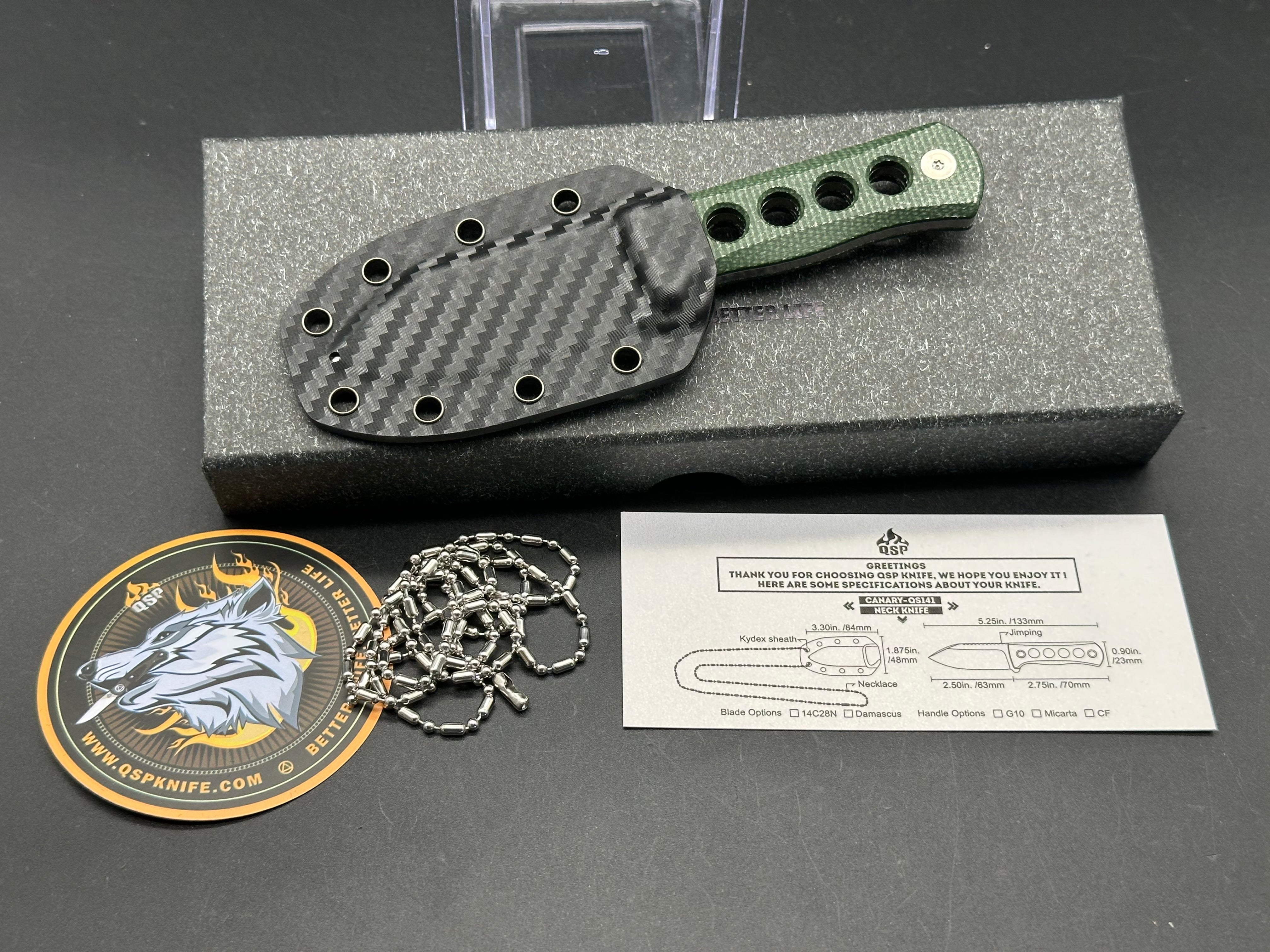 QSP Canary Neck Knife, 2.5" 14C28N Stonewash Blade with Green Micarta Handle.