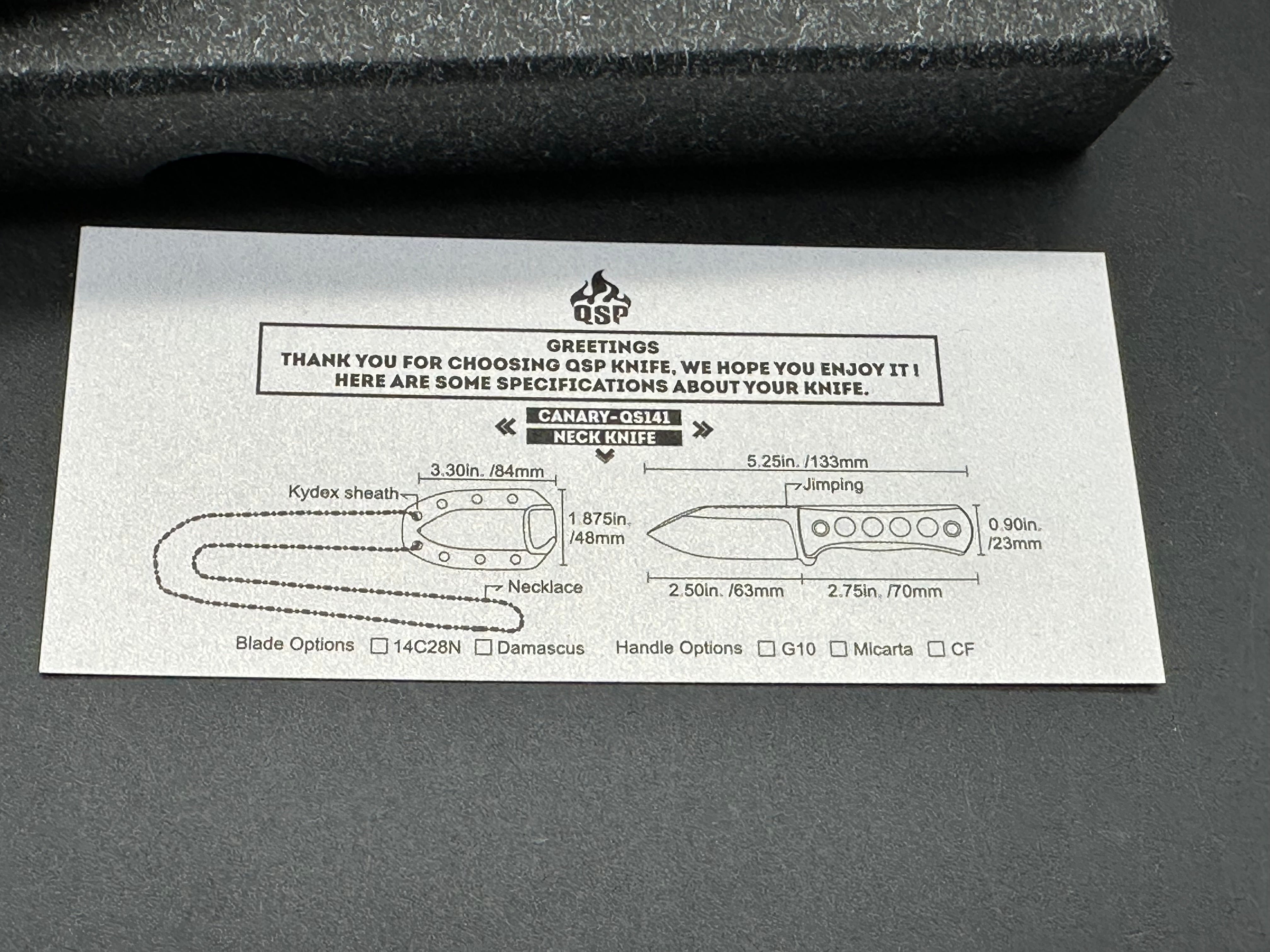 QSP Canary Neck Knife, 2.5" 14C28N Stonewash Blade with Green Micarta Handle.