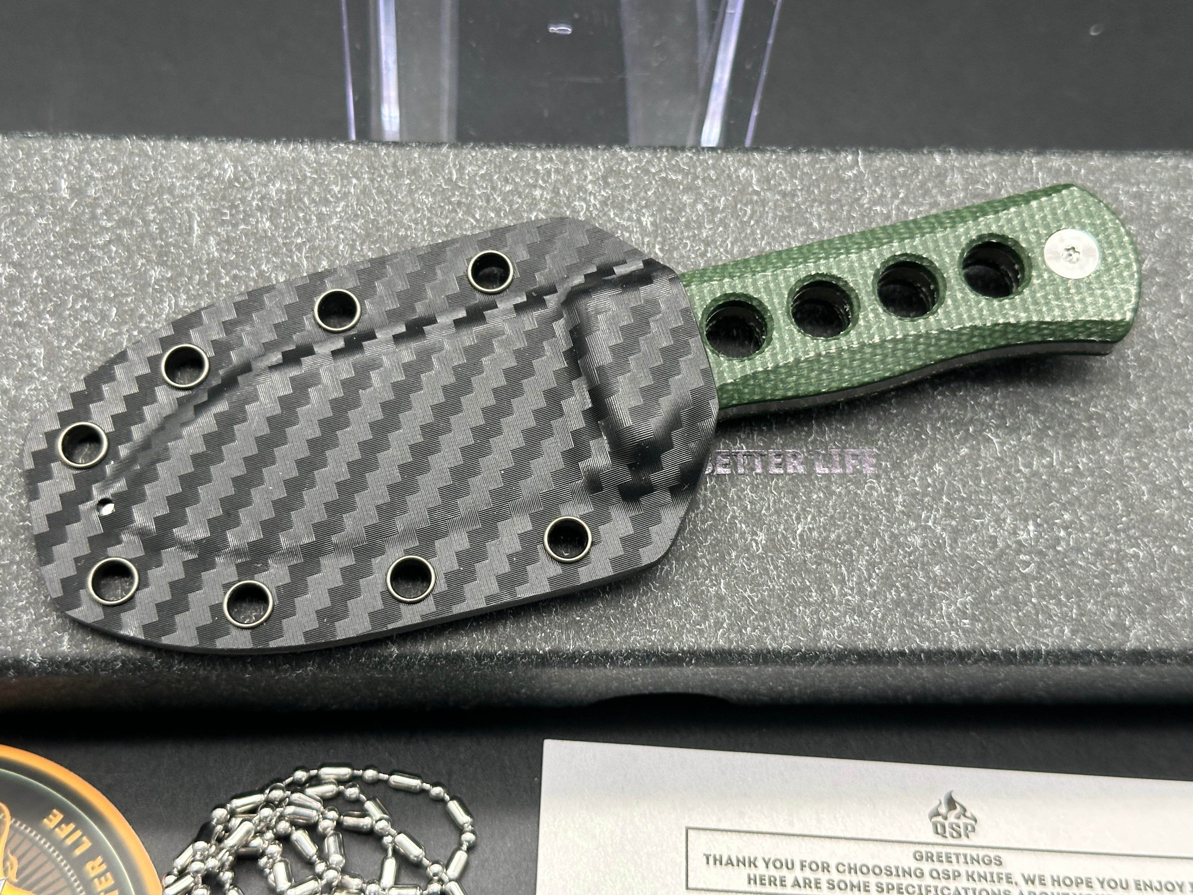 QSP Canary Neck Knife, 2.5" 14C28N Stonewash Blade with Green Micarta Handle.